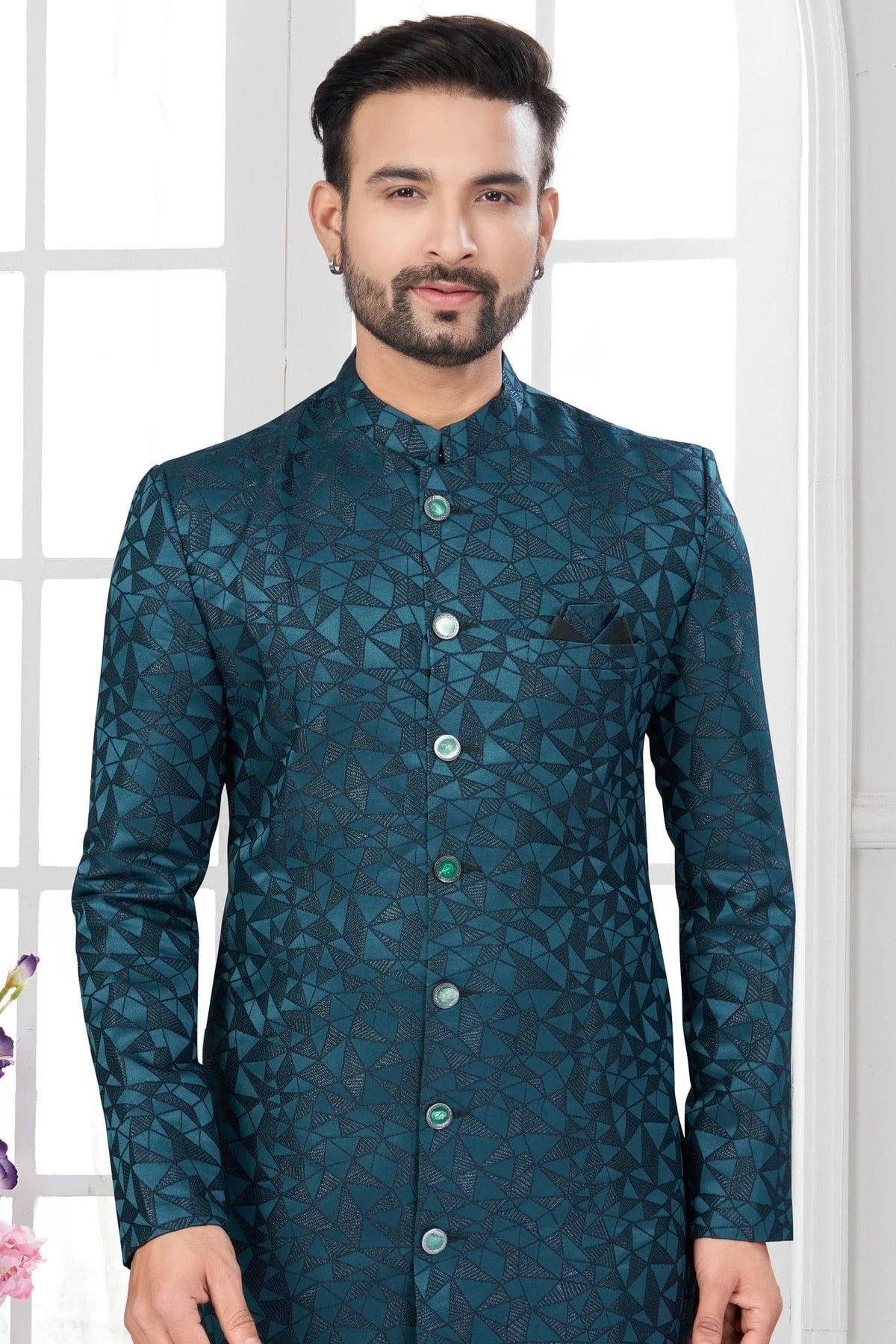 Teal Colour Silk Dupion Sherwani SH1040623 A