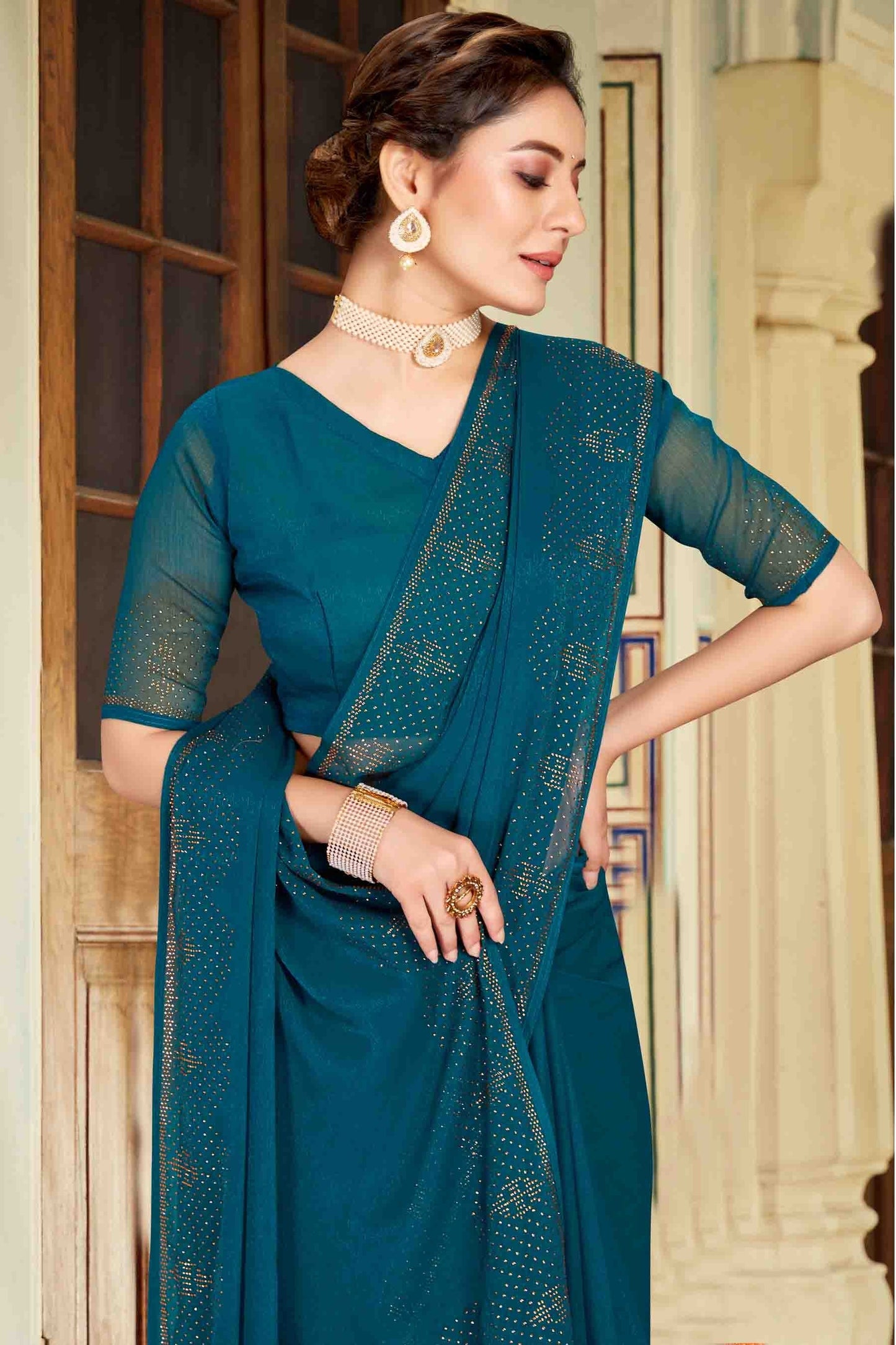 Teal Colour Simmer Chiffon Designer Saree SD1121122 A