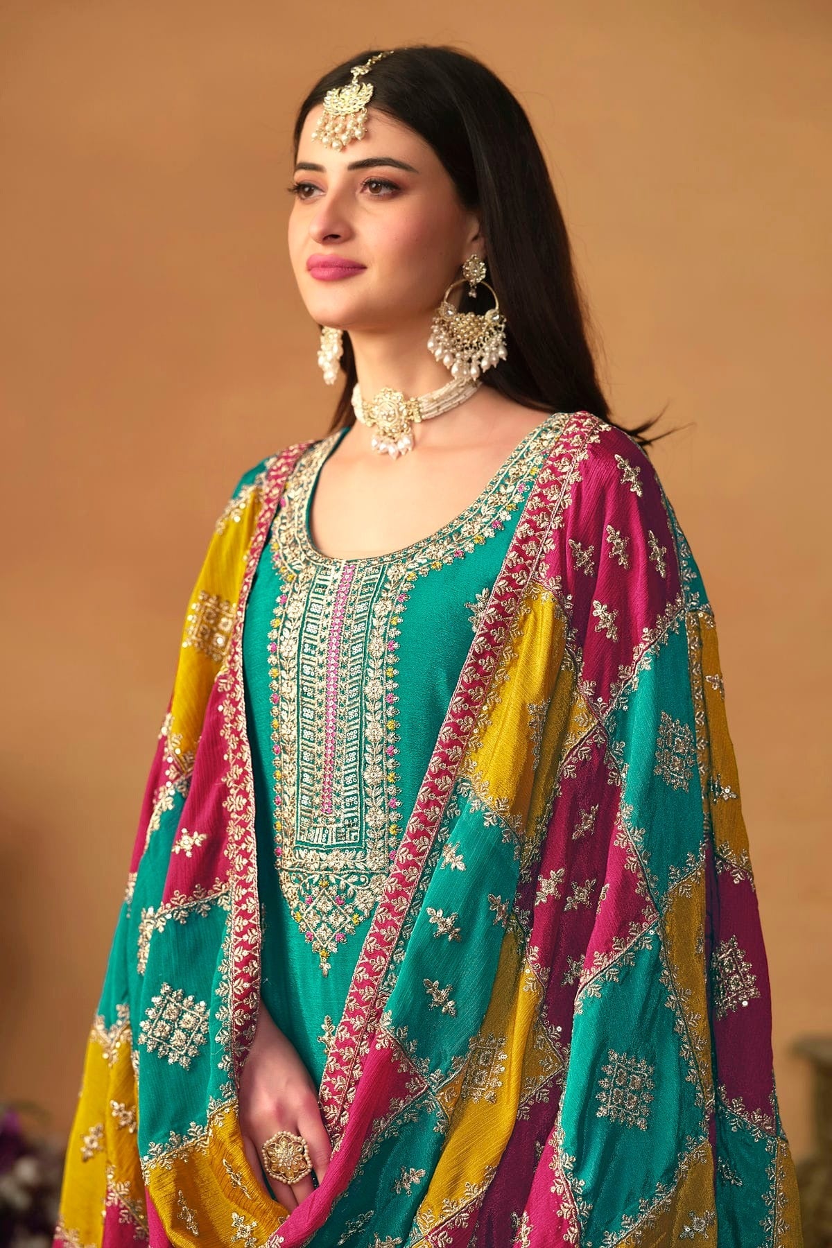 Teal Colour Straight Suit Chinon Silk Semi Stitched SM1050493 A