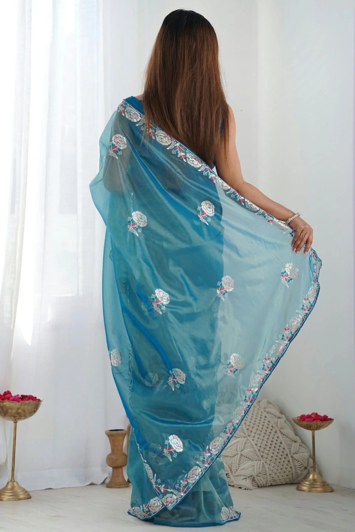 Teal Colour Twill Net Designer Saree SD1112111 A