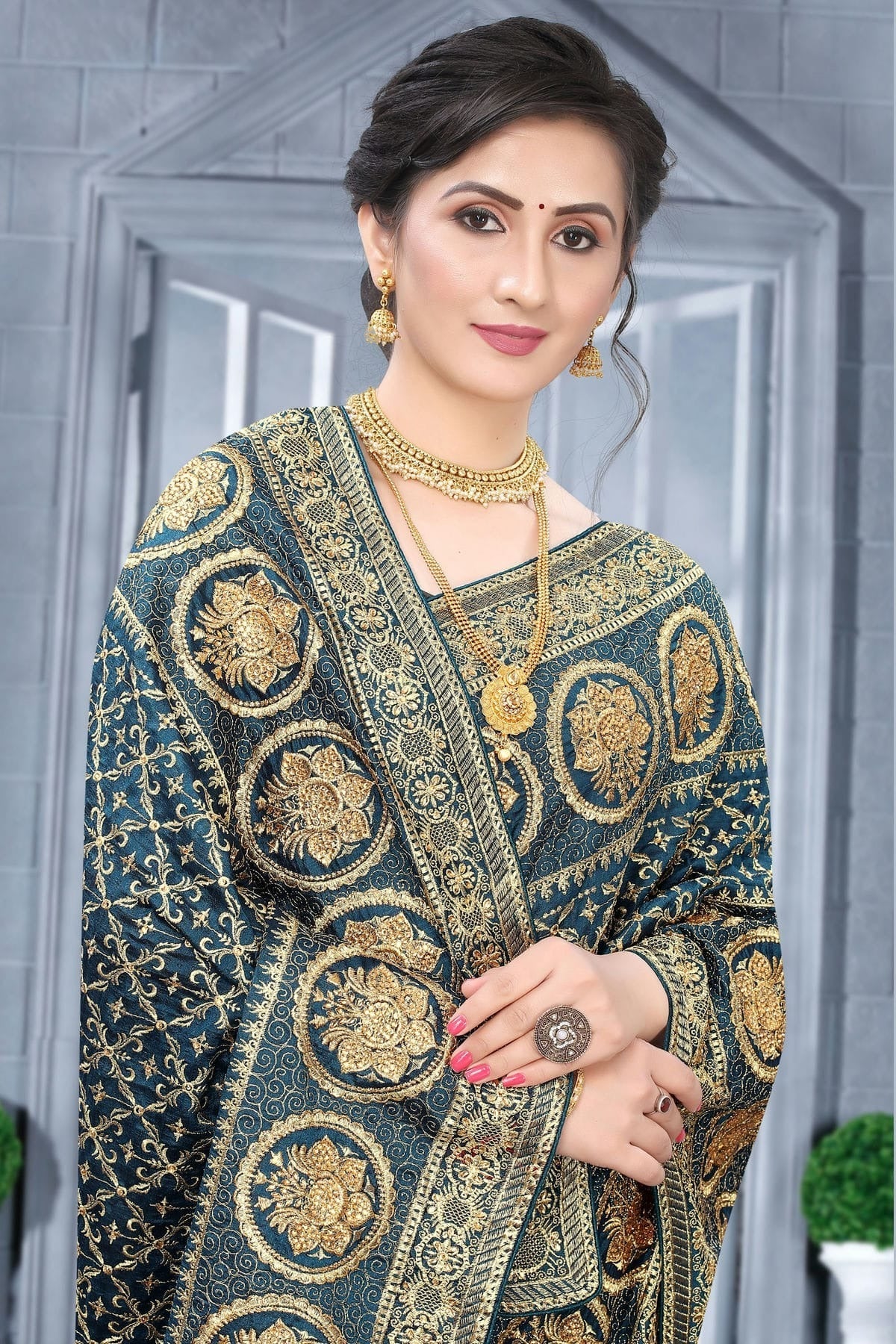 Teal Colour Vichitra Bloming Silk Designer Saree SD1091068 A