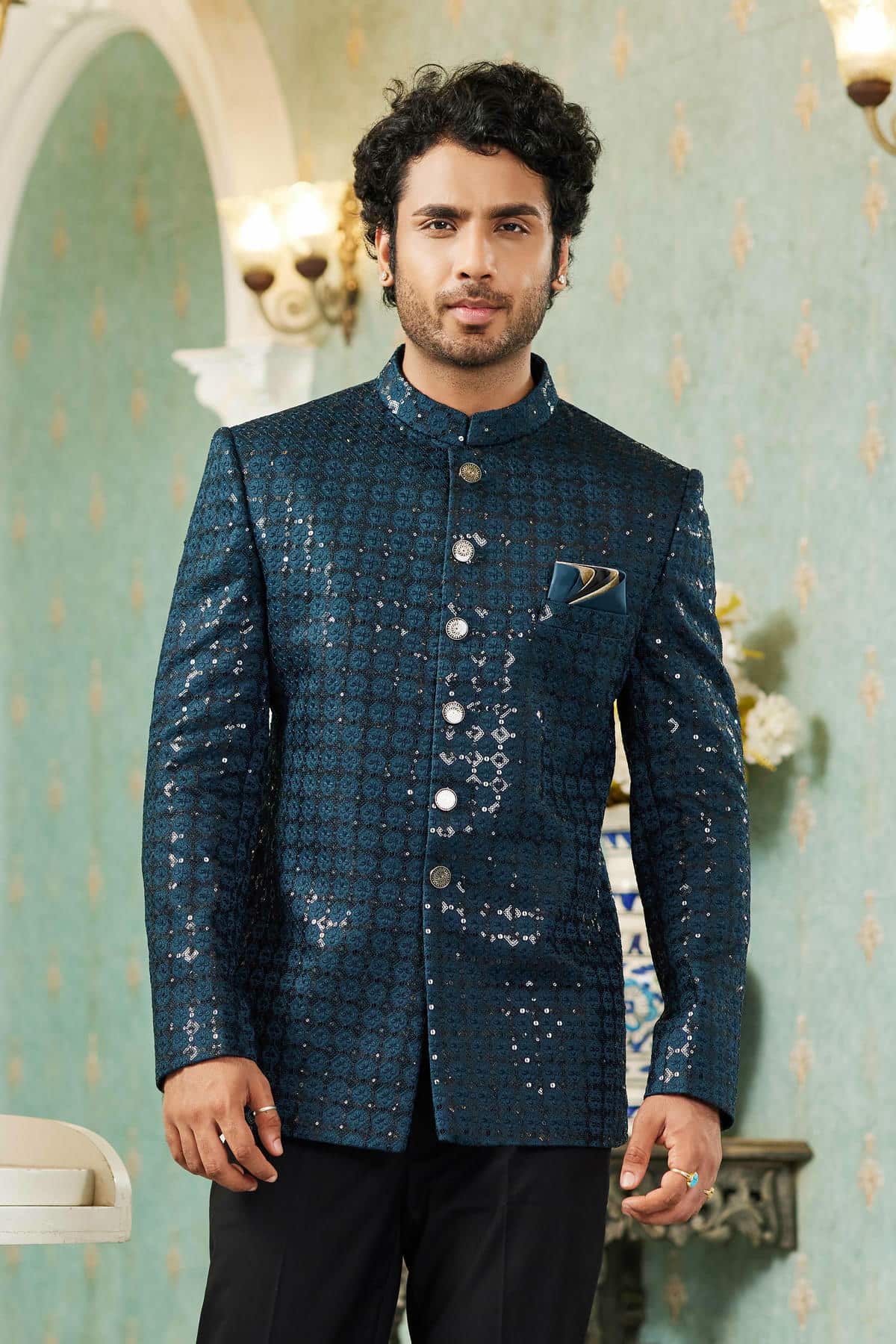 Teal Green Colour Thread Work Embroidery Art Silk Jodhpuri Set JP1230634