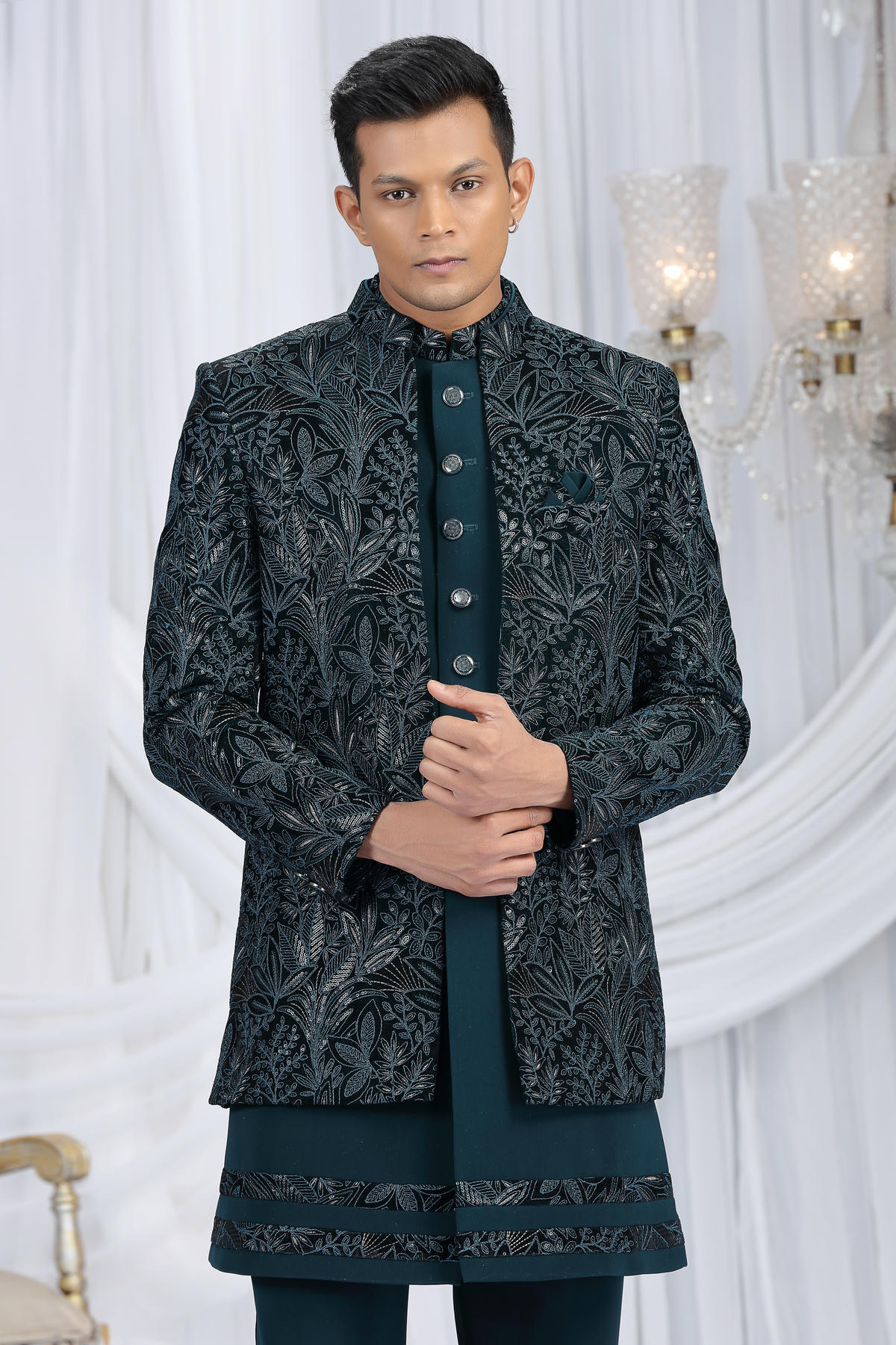 Teal Green Colour Velvet Silk Embroidery Work 3 Pcs Indo Western Sherwani