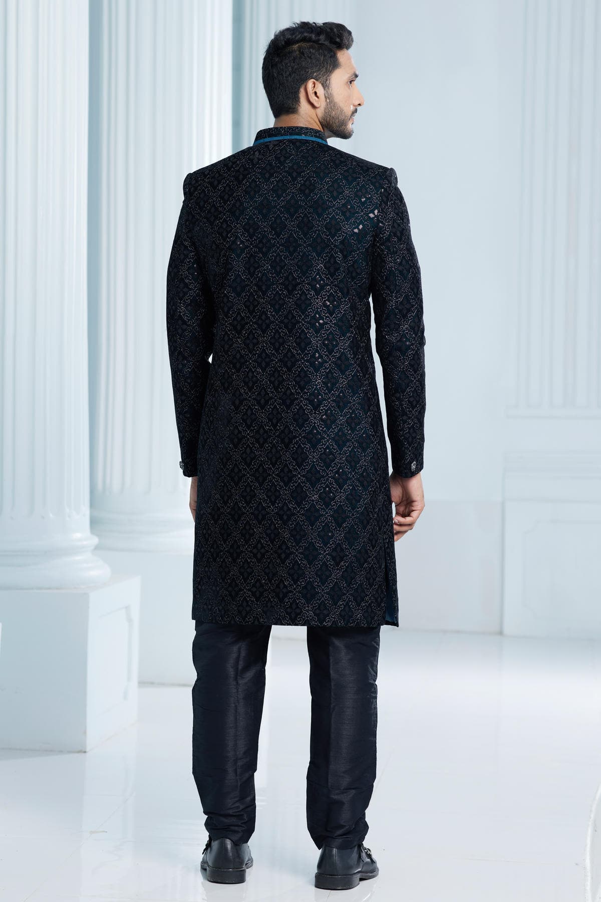 Teal Green Colour Velvet Thread Embroidery Work Indo Western