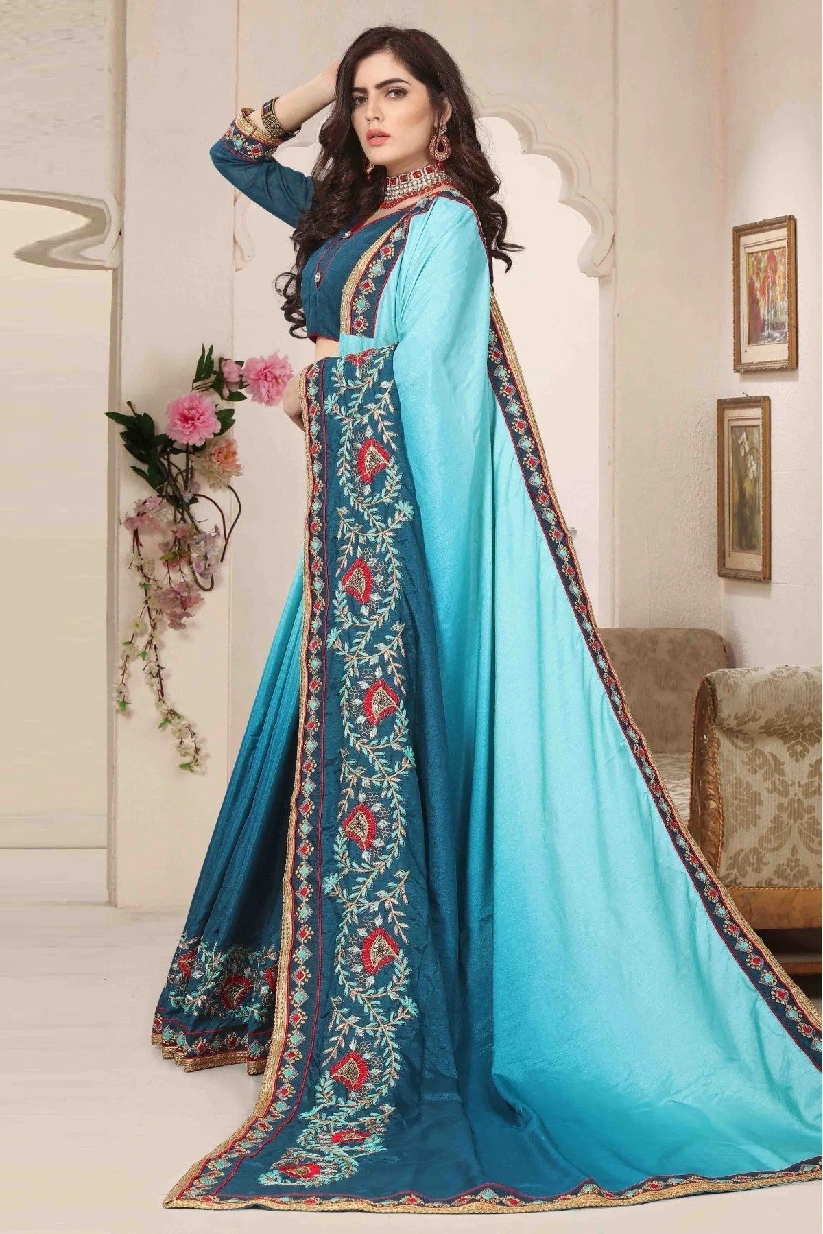 Teal and Blue Colour Dola Silk Designer Saree SD1120467 A