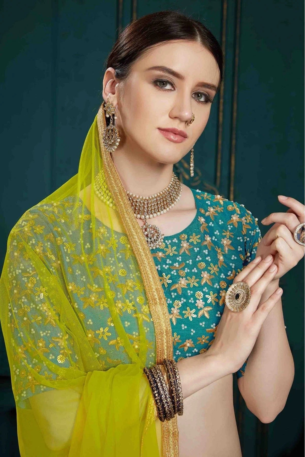 Teal and Blue Colour Georgette Sequins Work Lehenga Choli LC1080412 B