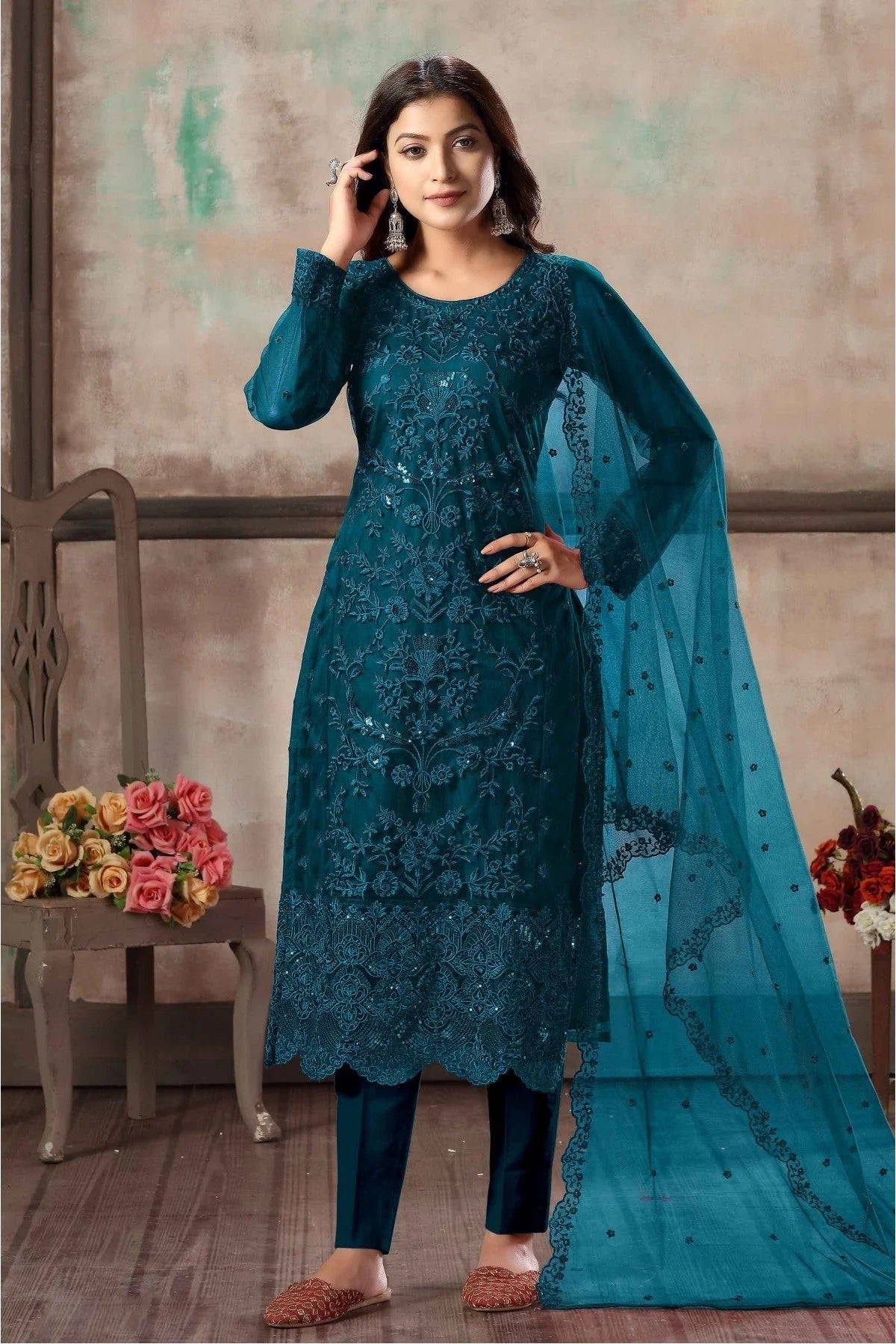 Teal and Blue Colour Net Pant Style Suit SM1050033