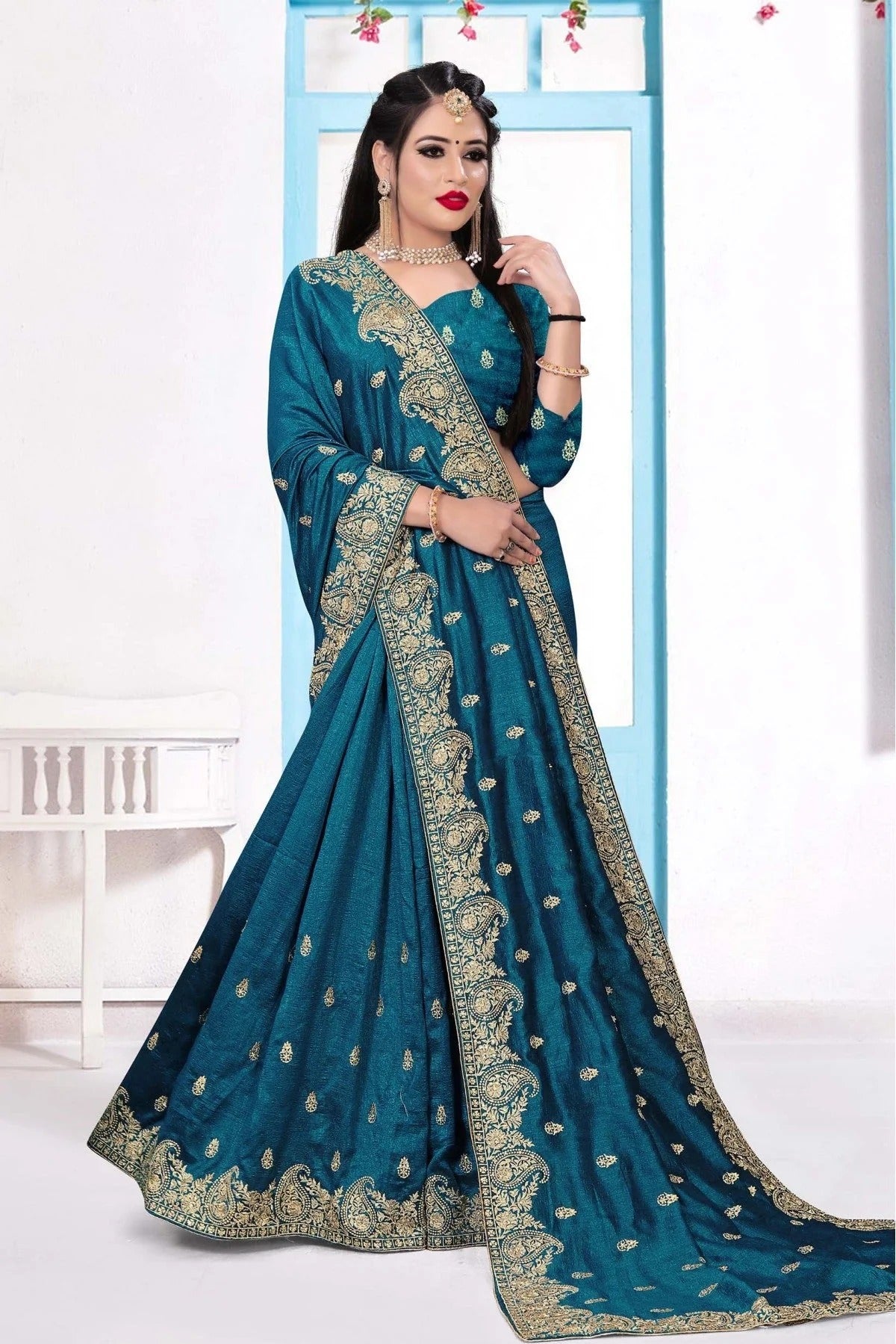 Teal and Blue Colour Vichitra Silk Embroidery Saree SD1090148