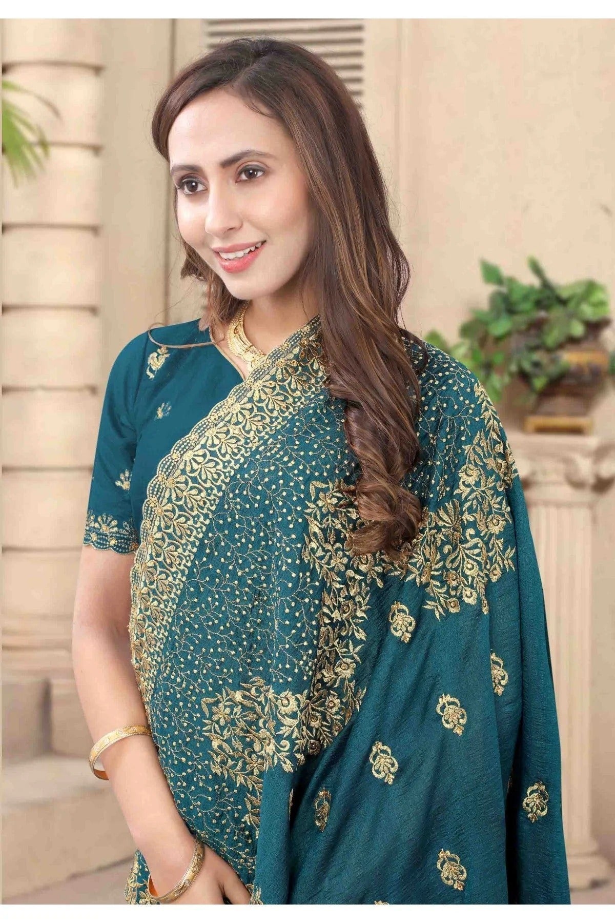 Teal and Blue Colour Vichitra Silk Embroidery Saree SD1120681 A