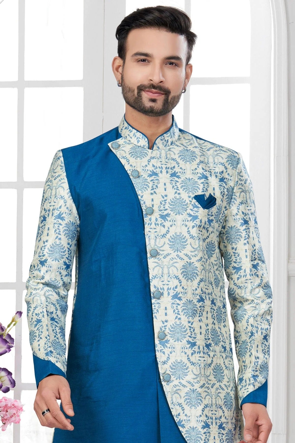 Teal and Cream Colour Silk Dupion Dhoti Sherwani SH1040648 A