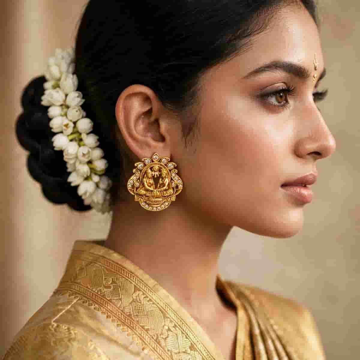 Traditional Micro Gold Tone Goddess Motif Stud Earrings with Crystal Detailing