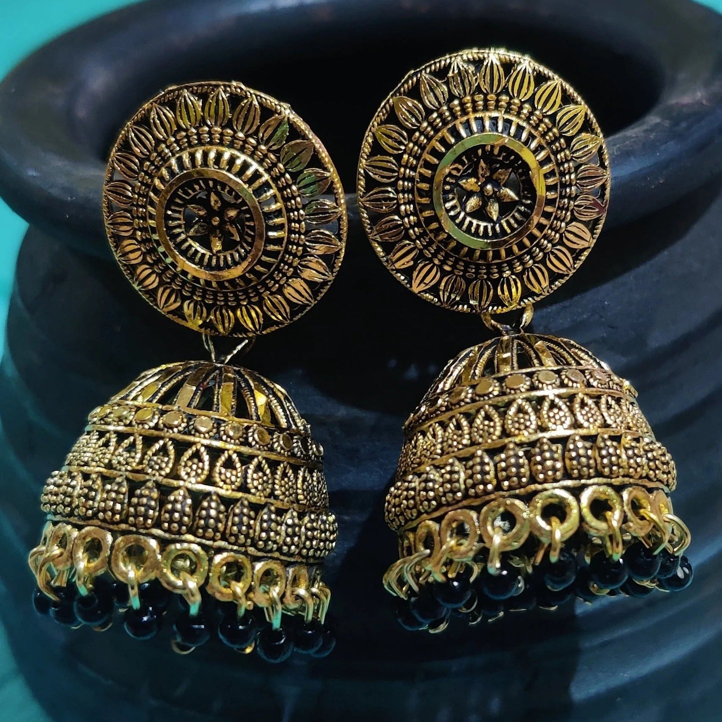 Vastradi Alloy Golden Traditional Jhumka in Black Colour ER1200034