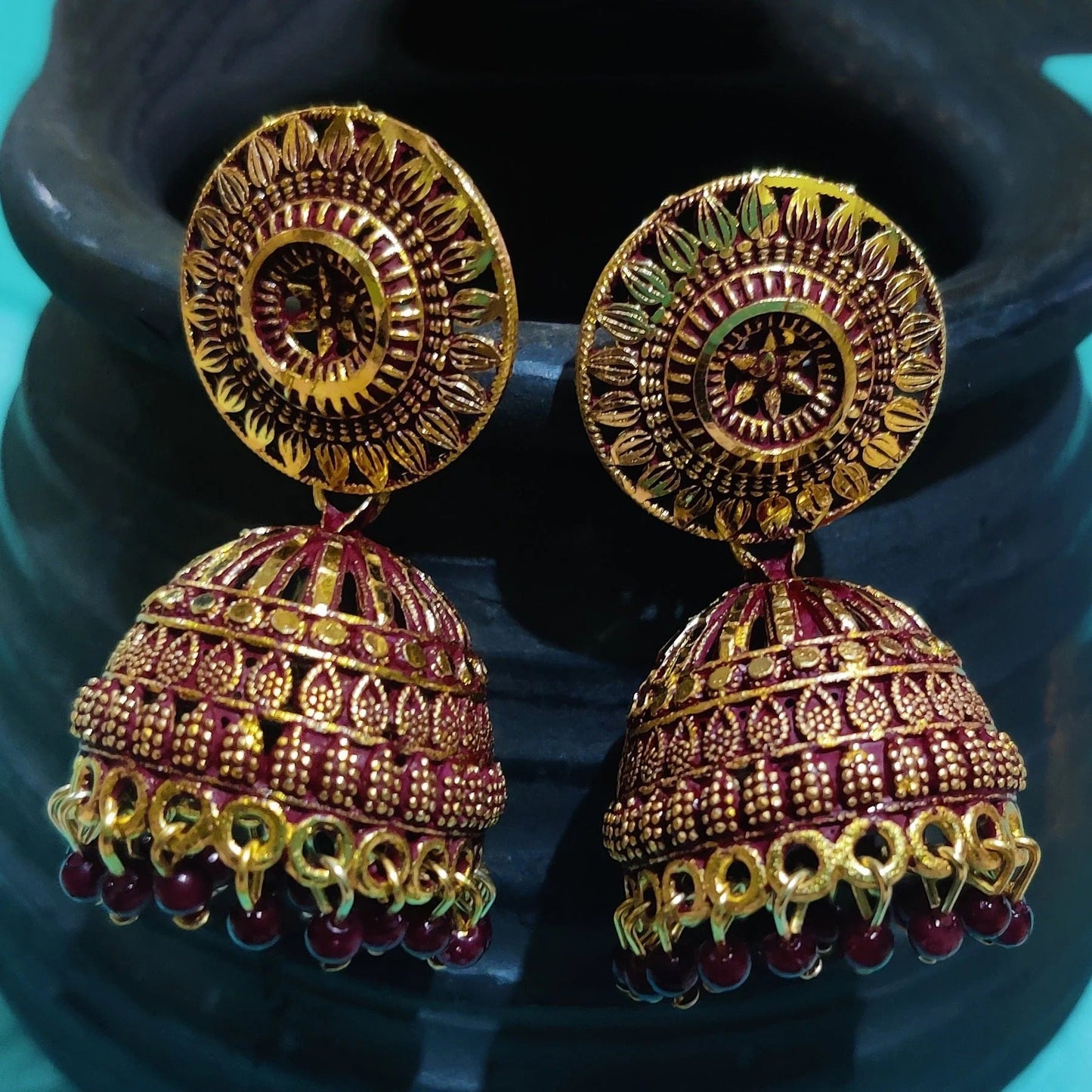 Vastradi Alloy Golden Traditional Jhumka in Maroon Colour ER1200037