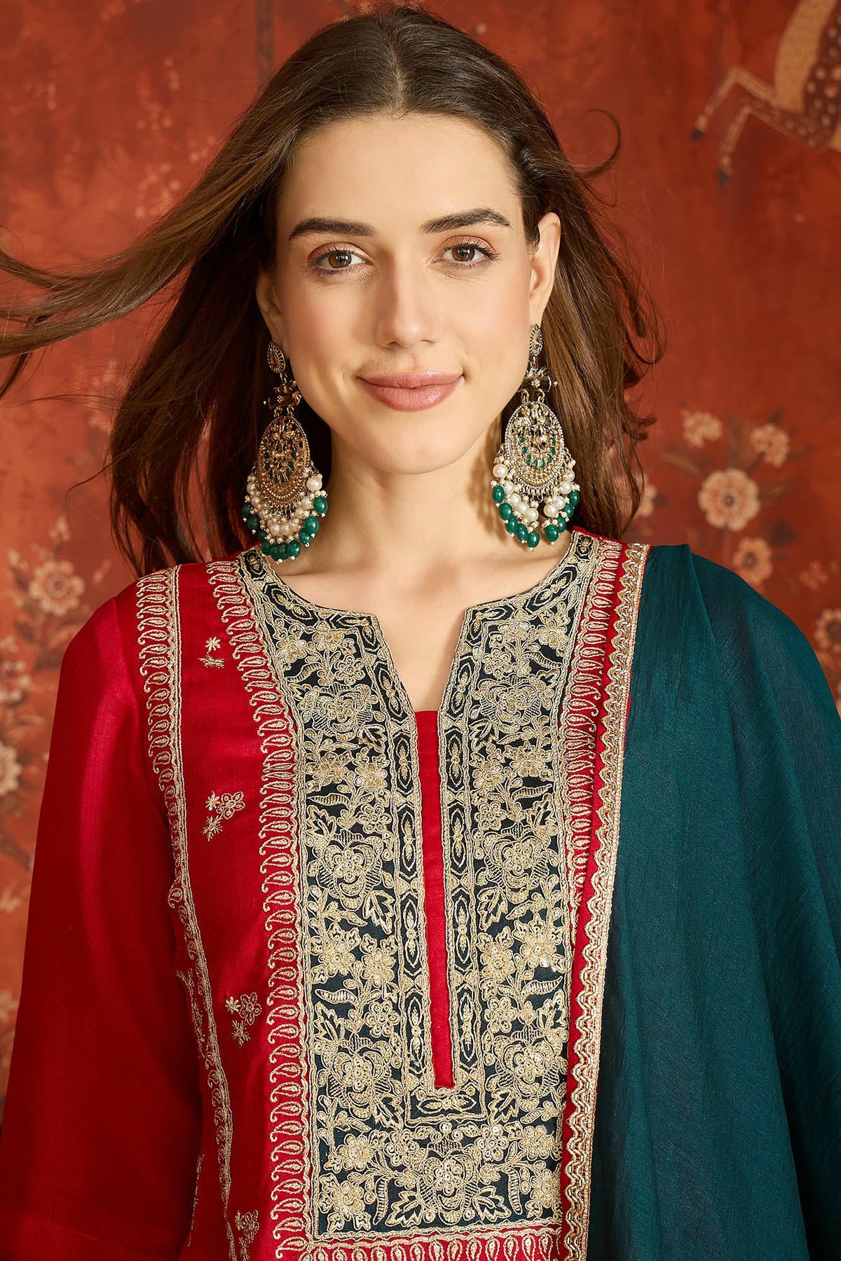 Vichitra Silk Embroidery Work Palazzo Pant Suit In Red Colour