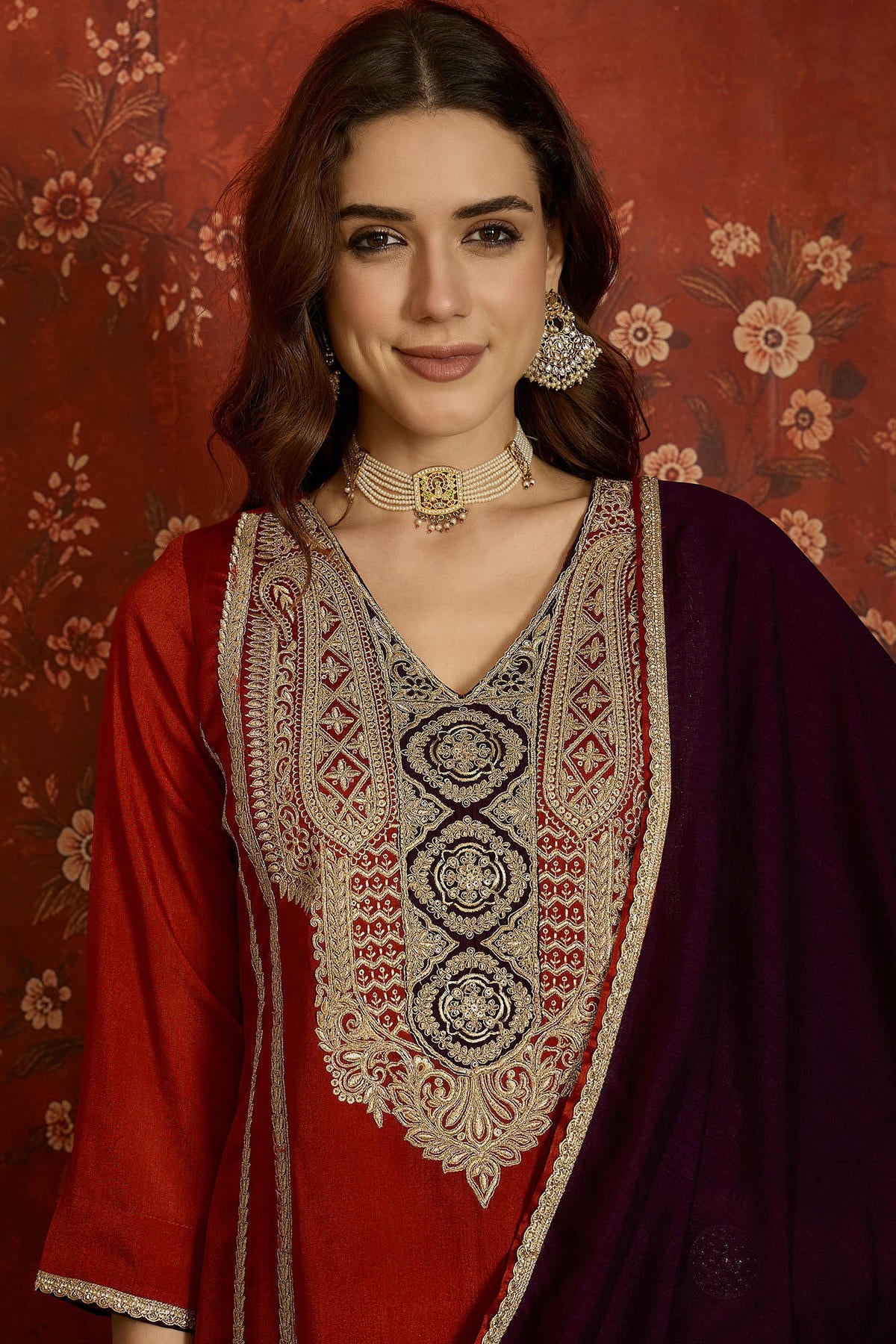 Vichitra Silk Embroidery Work Palazzo Pant Suit In Rust Colour