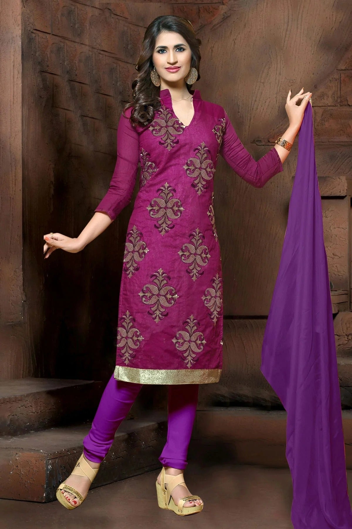 Voilet Colour Unstitched Modal Cotton Churidar Suit US1161207