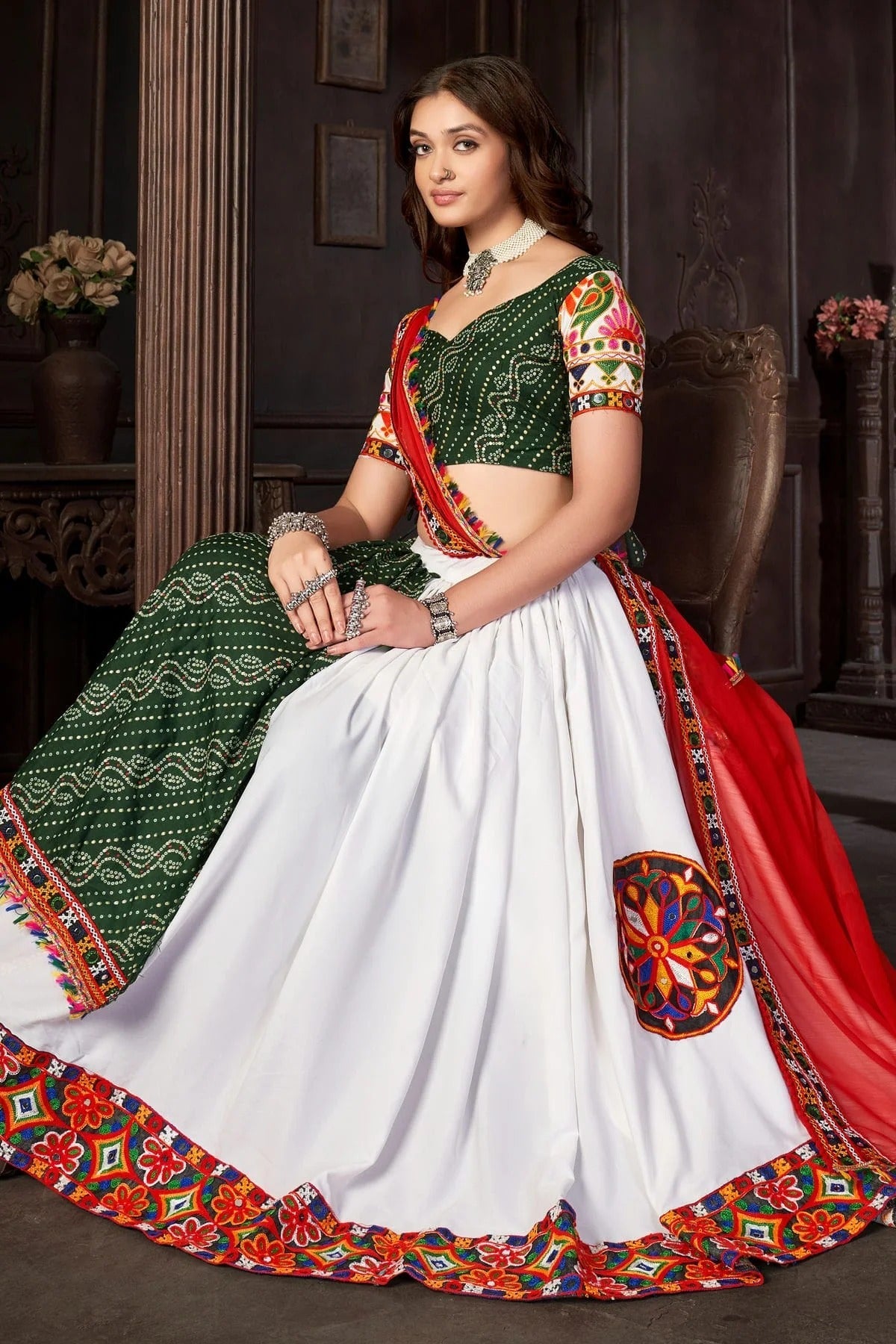 White Colour Embroidery Work Cotton Silk Navratri Lehenga LD1170014 A
