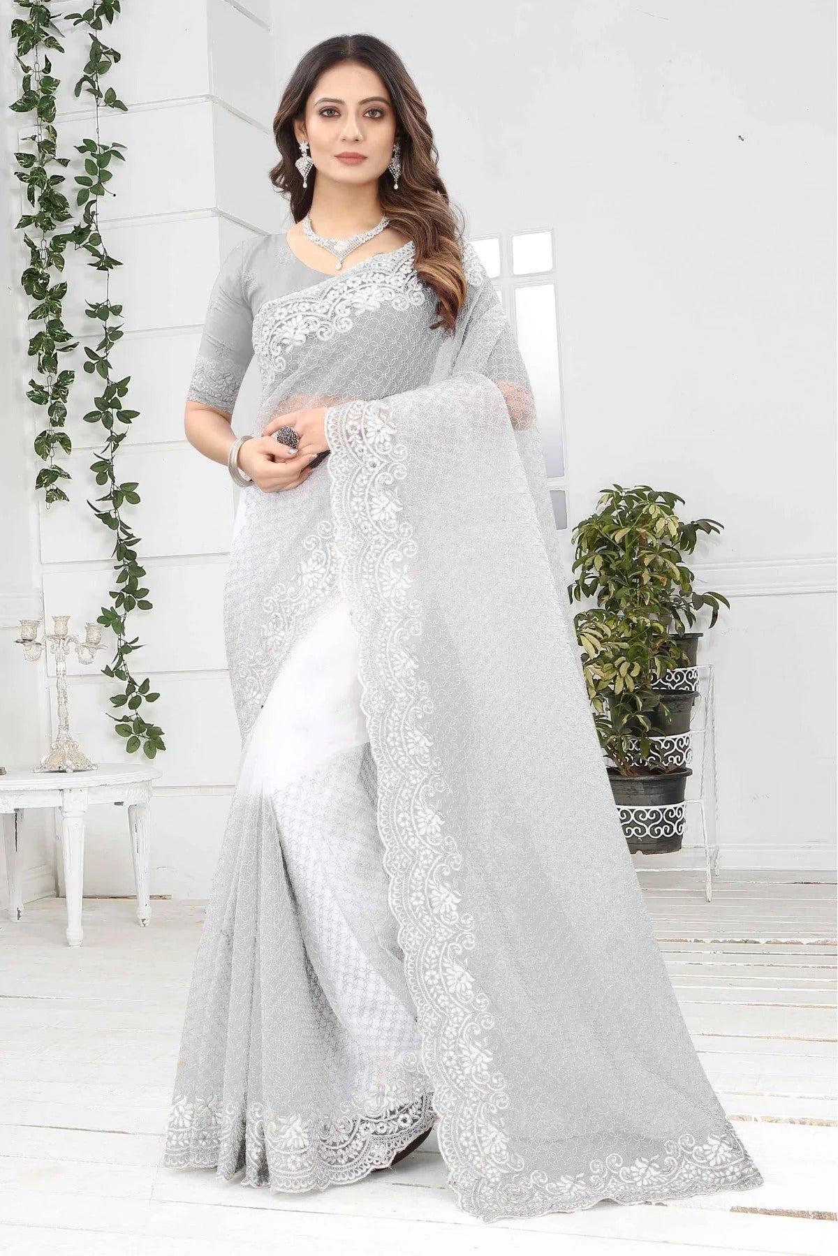 White Colour Net Designer Saree SD1090233