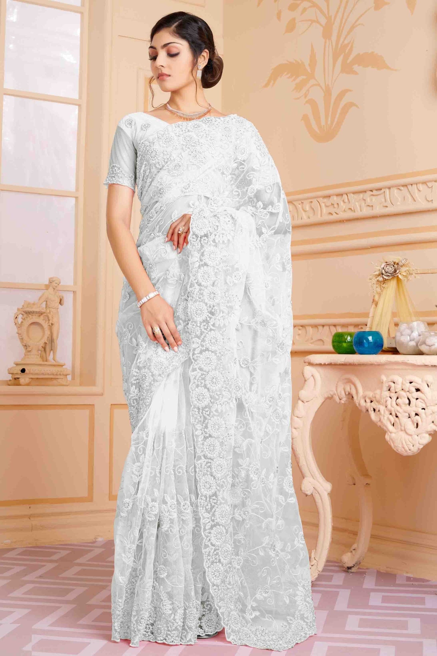 White Colour Net Designer Saree SD1090607