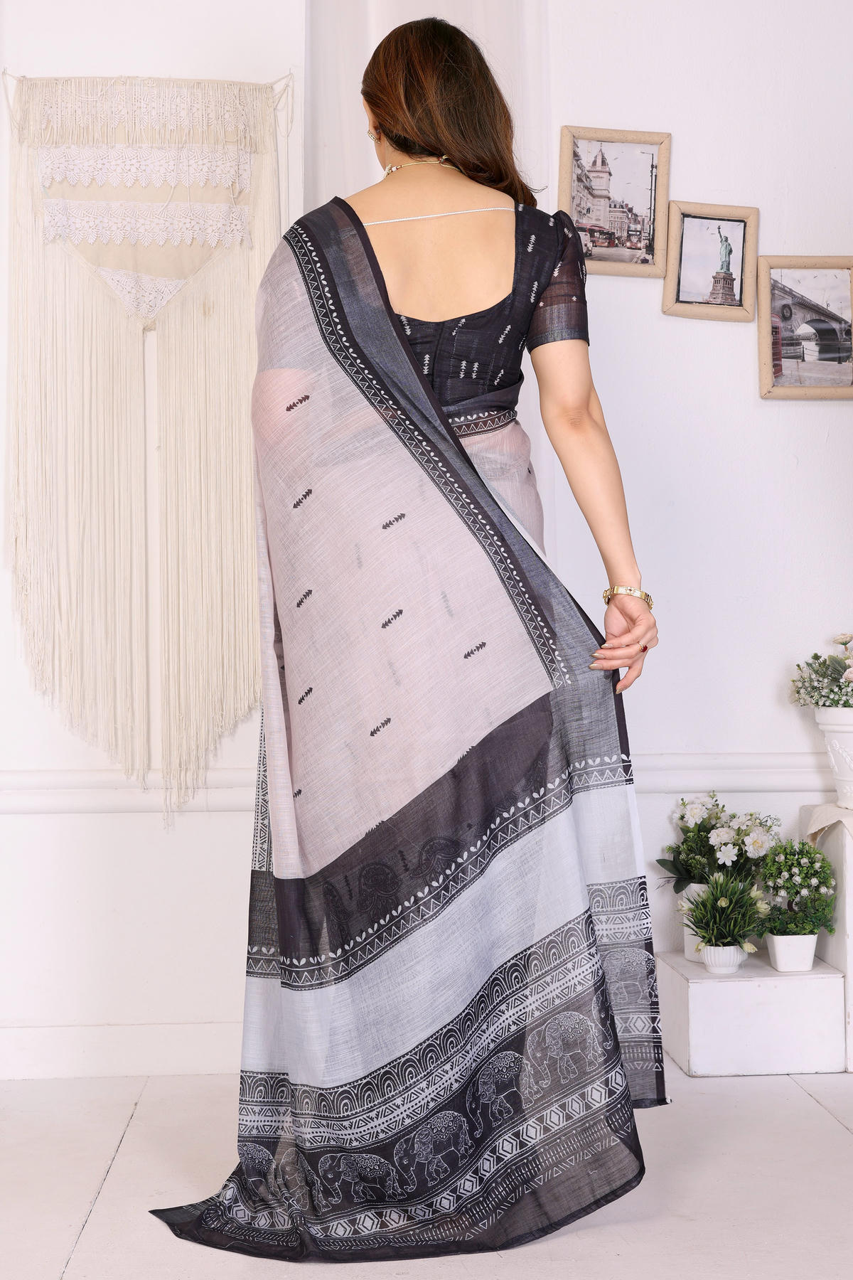 White and Black Colour Linen Cotton Printed Saree