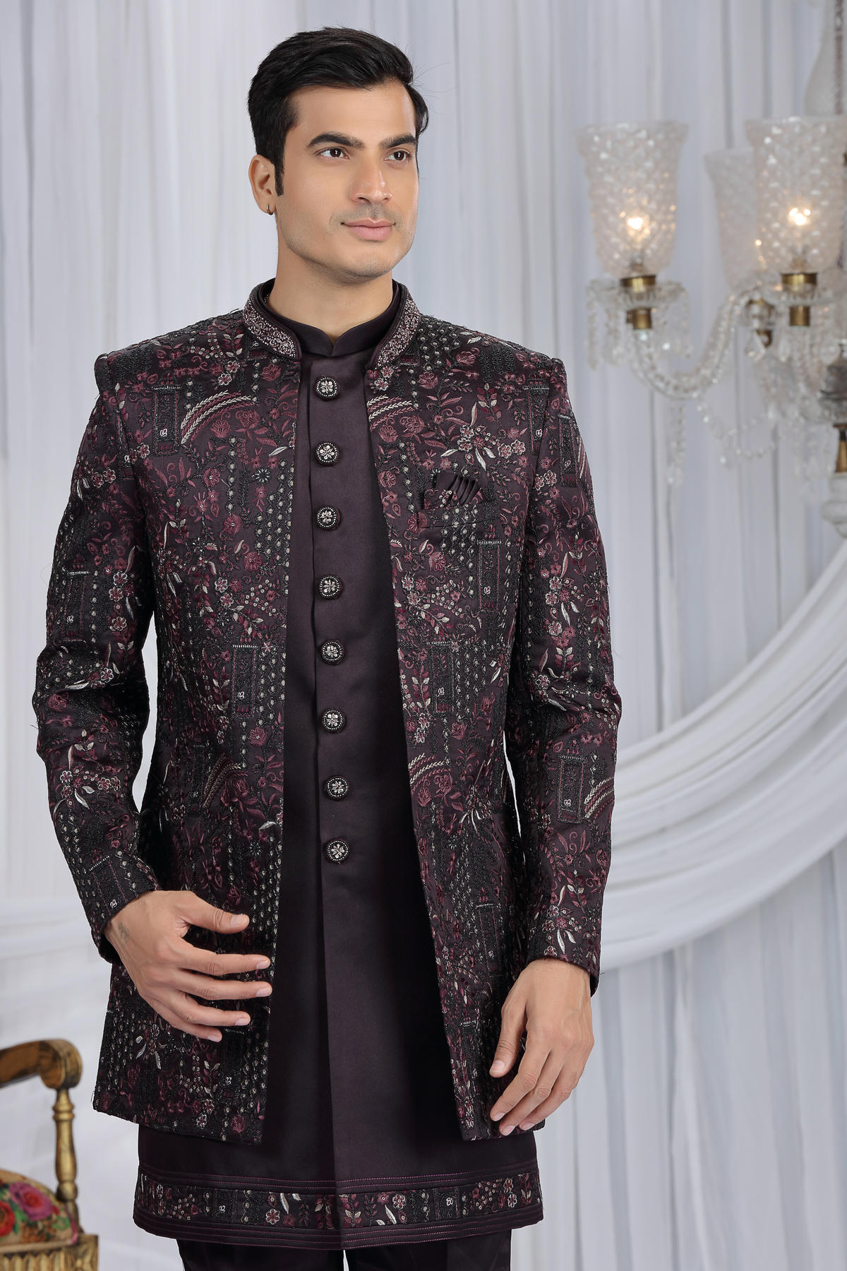 Wine Colour Art Silk Embroidery Work 3 Pcs Indo Western Sherwani