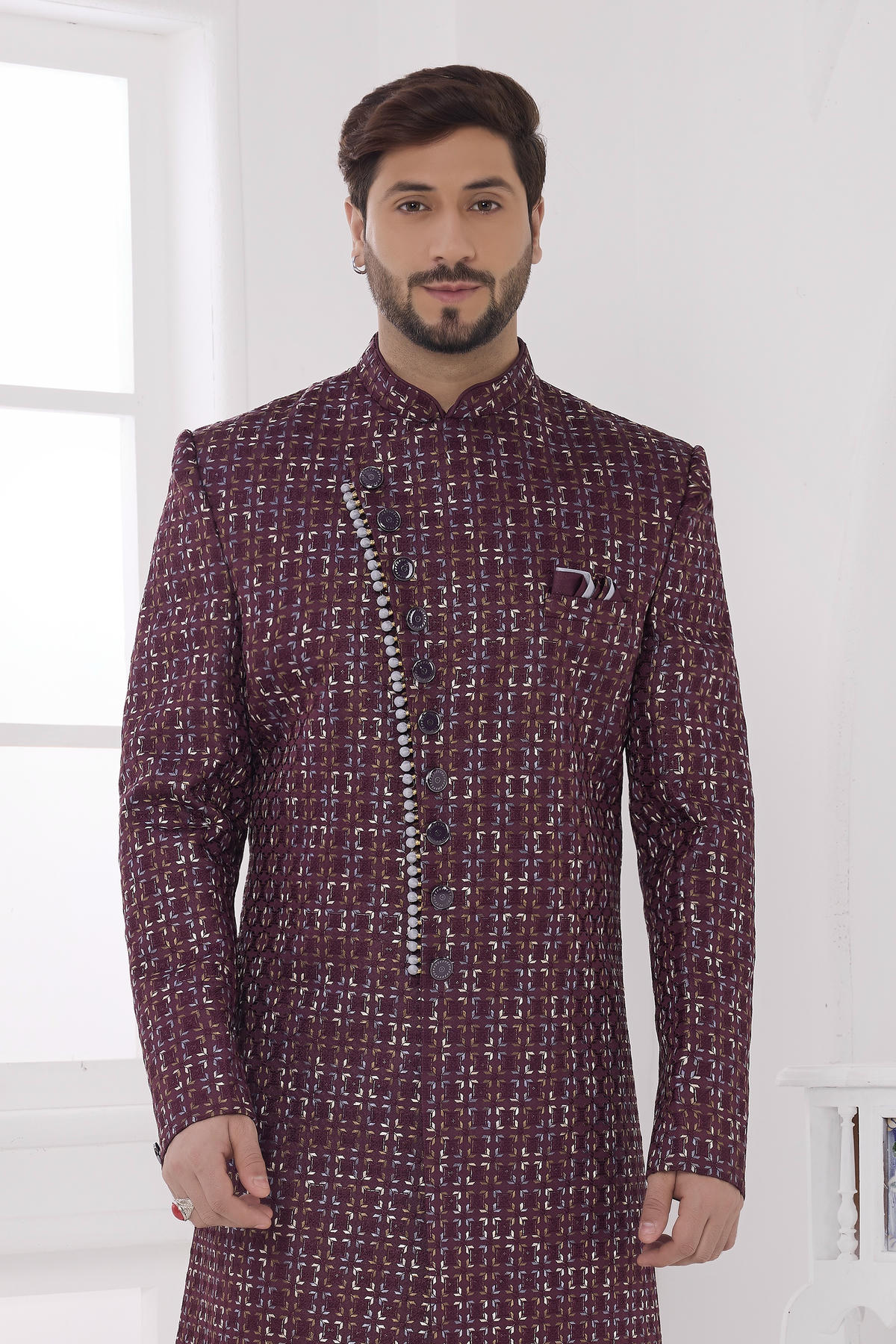 Wine Colour Art Silk Embroidery Work Sherwani