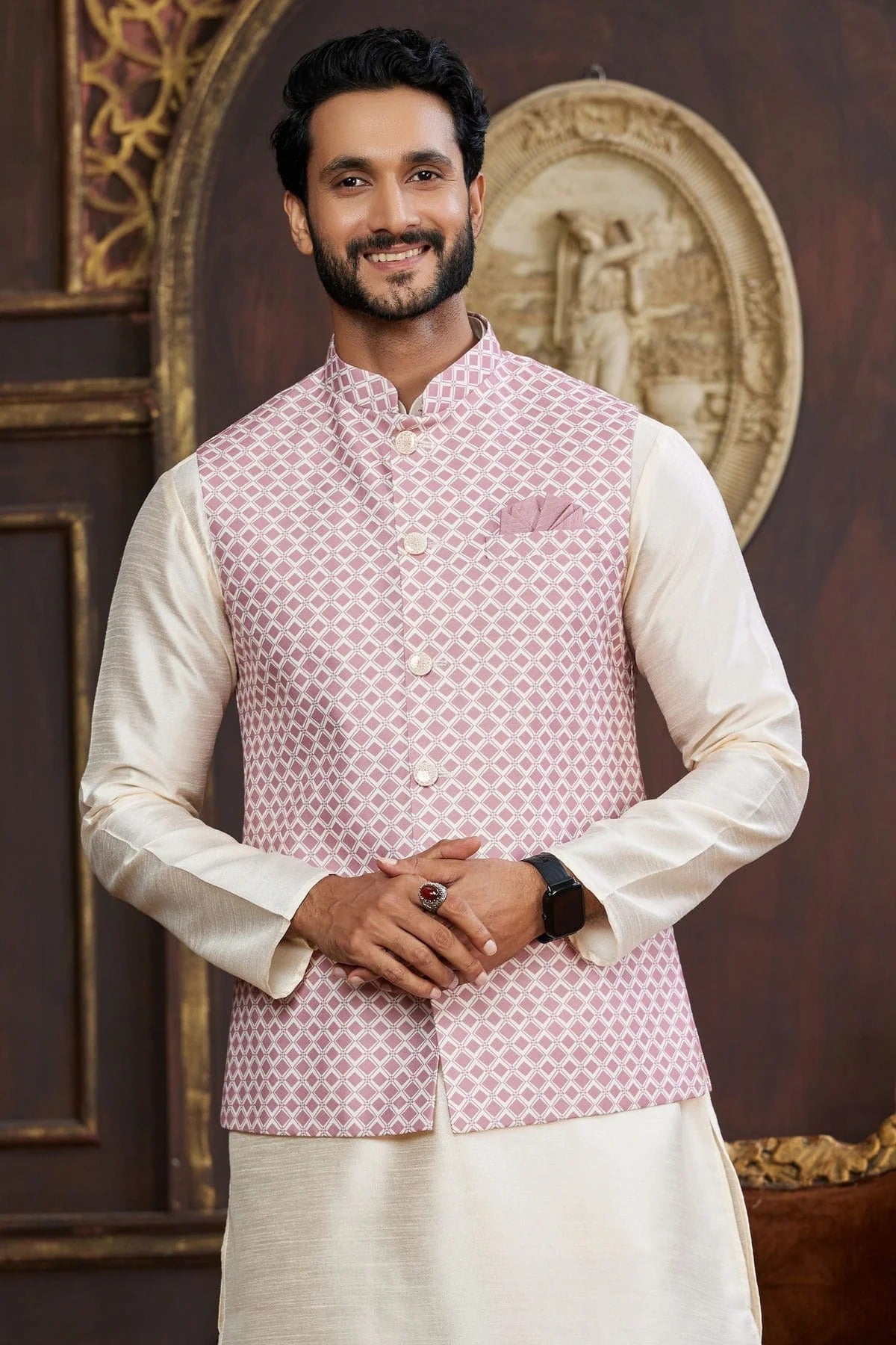 Wine Colour Art Silk Kurta Pajama With Jacket KP1230259 B