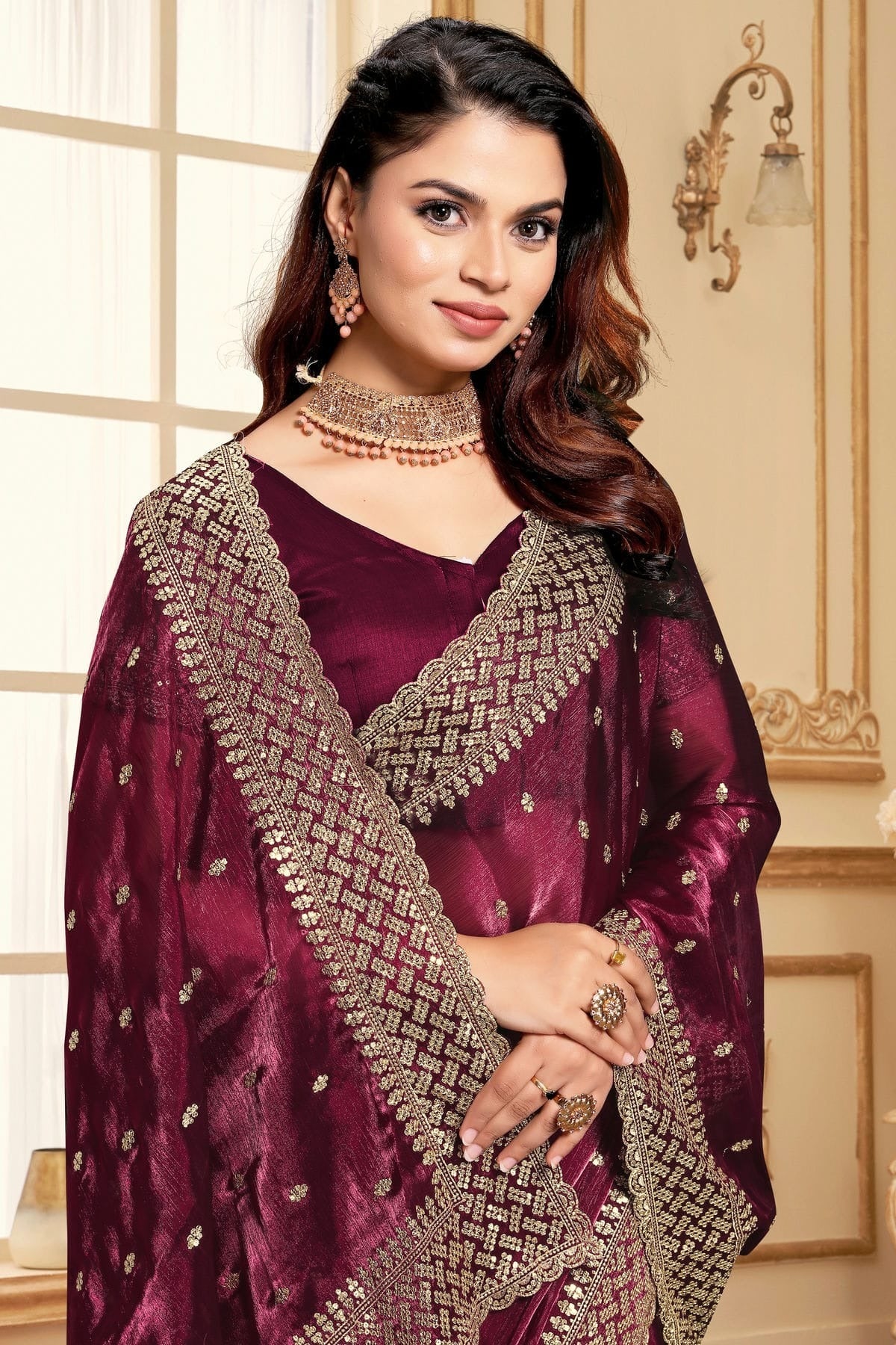 Wine Colour Burberry Silk Designer Saree SD1121842 A