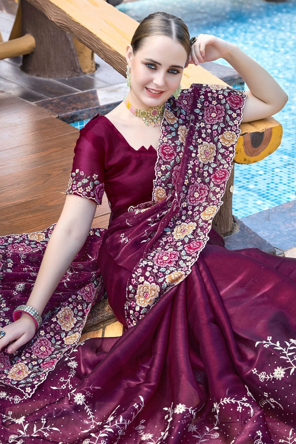 Wine Colour Burberry Silk Designer Saree SD1121854 A