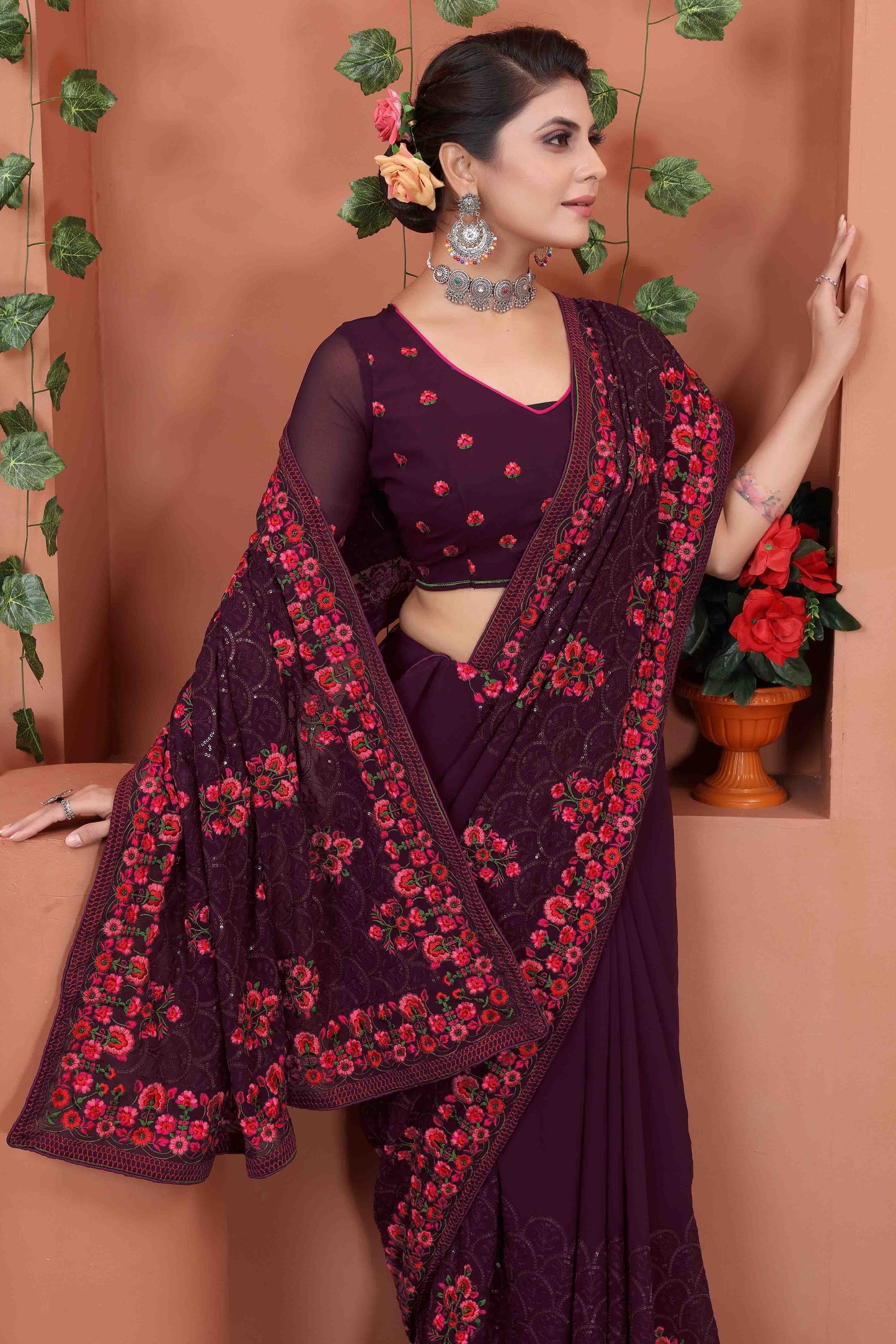Wine Colour Georgette Designer Saree SD1090534 A