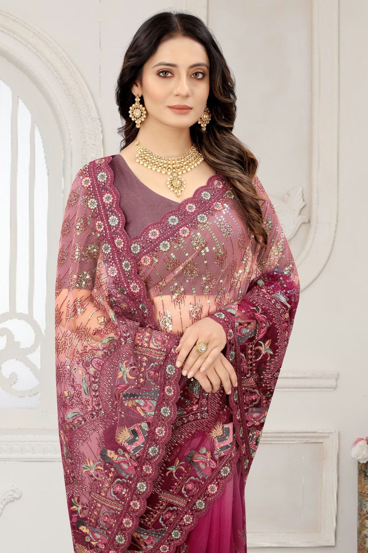 Wine Colour Net Designer Saree LC1121363 A