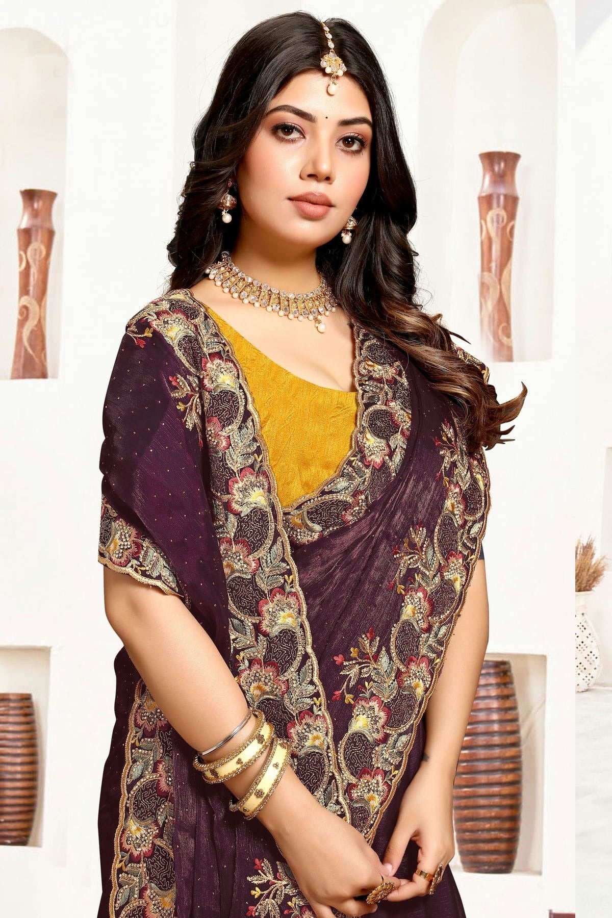 Wine Colour Satin Silk Designer Saree SD1091057 A