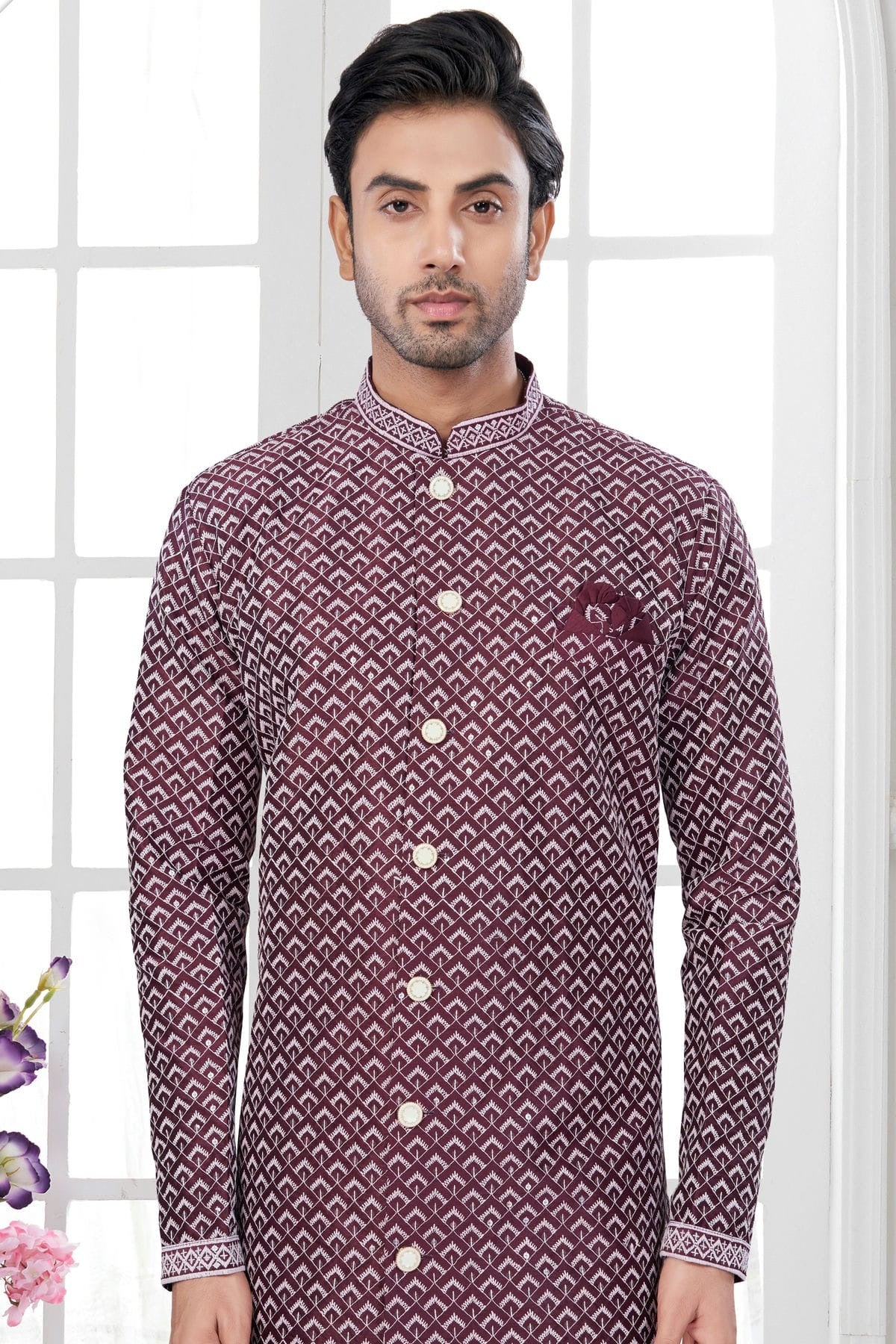 Wine Colour Silk Dupion Sherwani SH1040598 A