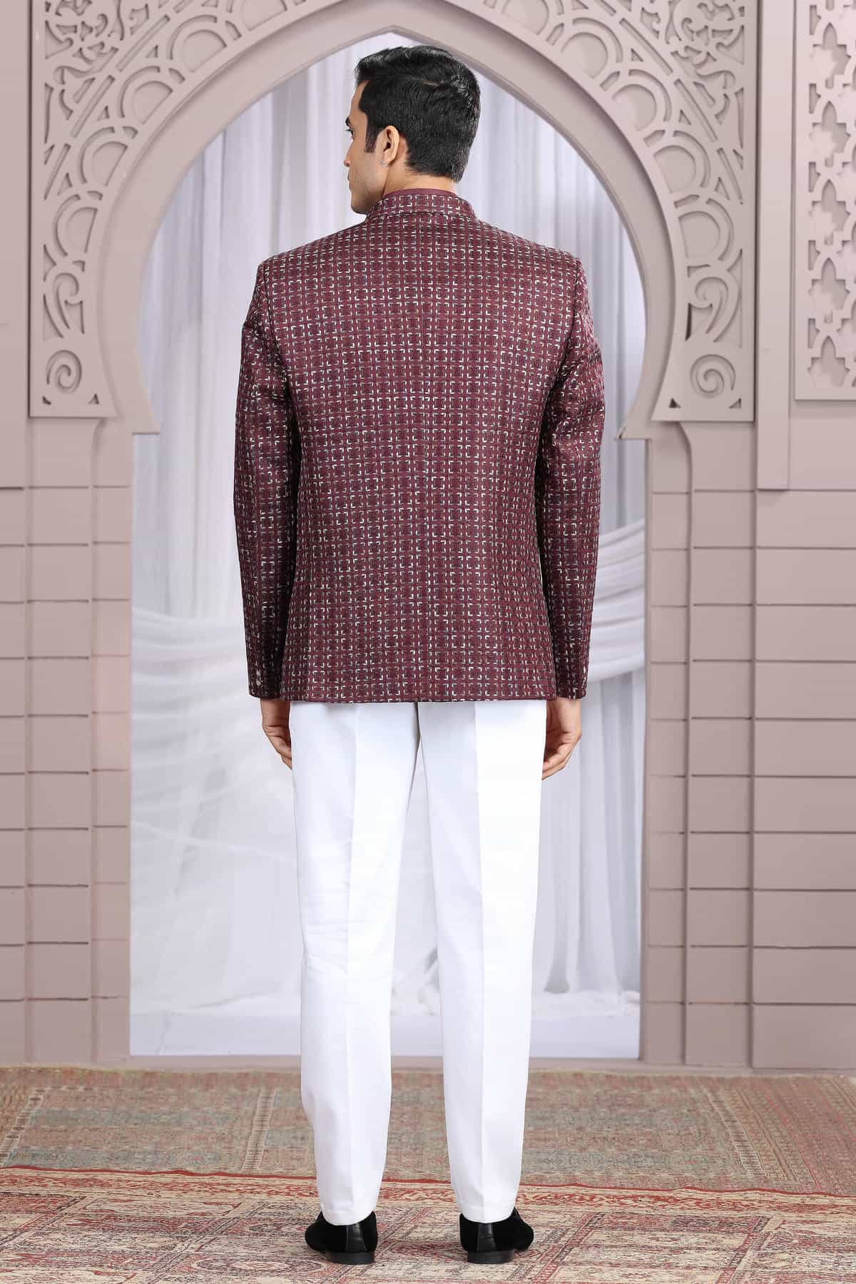 Wine Colour Thread Work Embroidery Art Silk 3 Pcs Jacket Jodhpuri