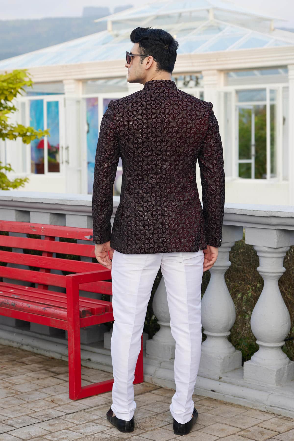 Wine Colour Thread Work Embroidery Velvet Jodhpuri JP1230643