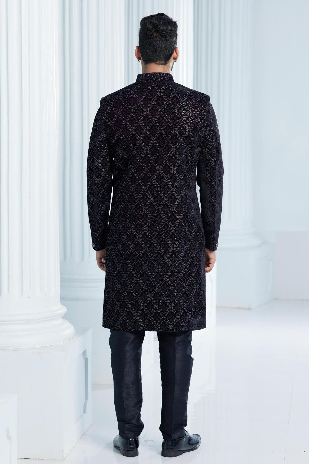 Wine Colour Velvet Thread Embroidery Work Indo Western