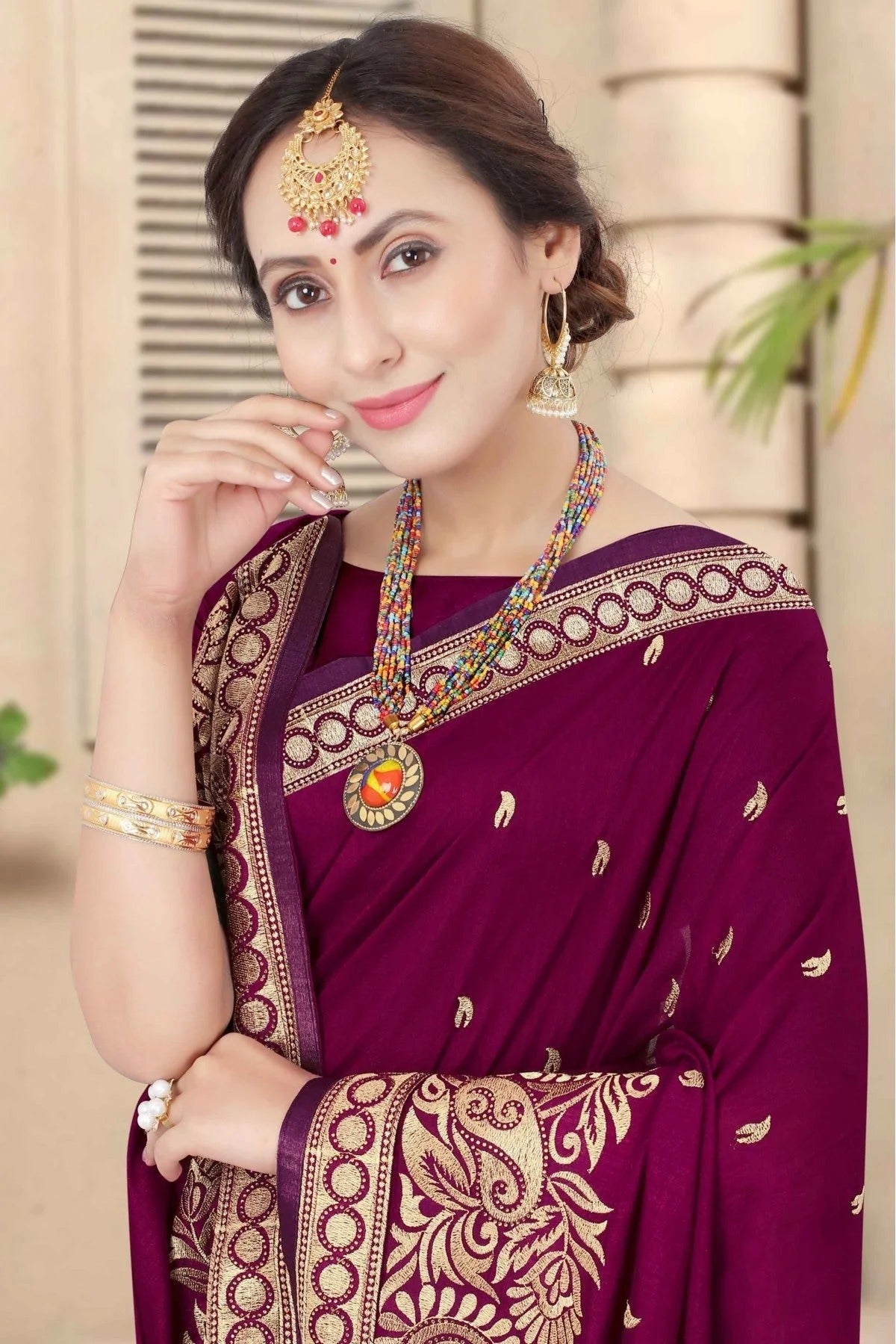 Wine Colour Vichitra Silk Embroidery Saree SD1120957 A