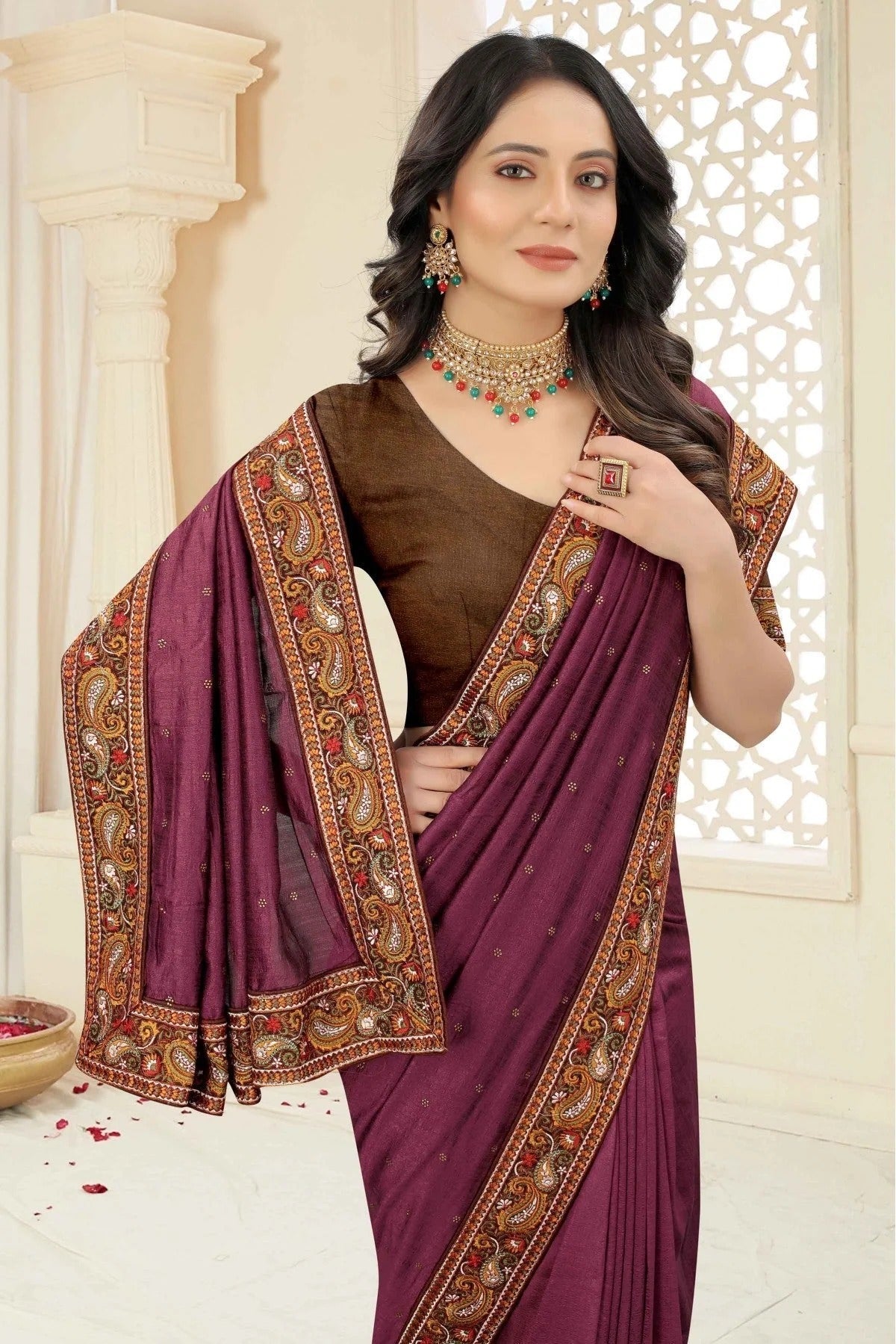Wine Colour Vichitra Silk Embroidery Saree SD1120968 A