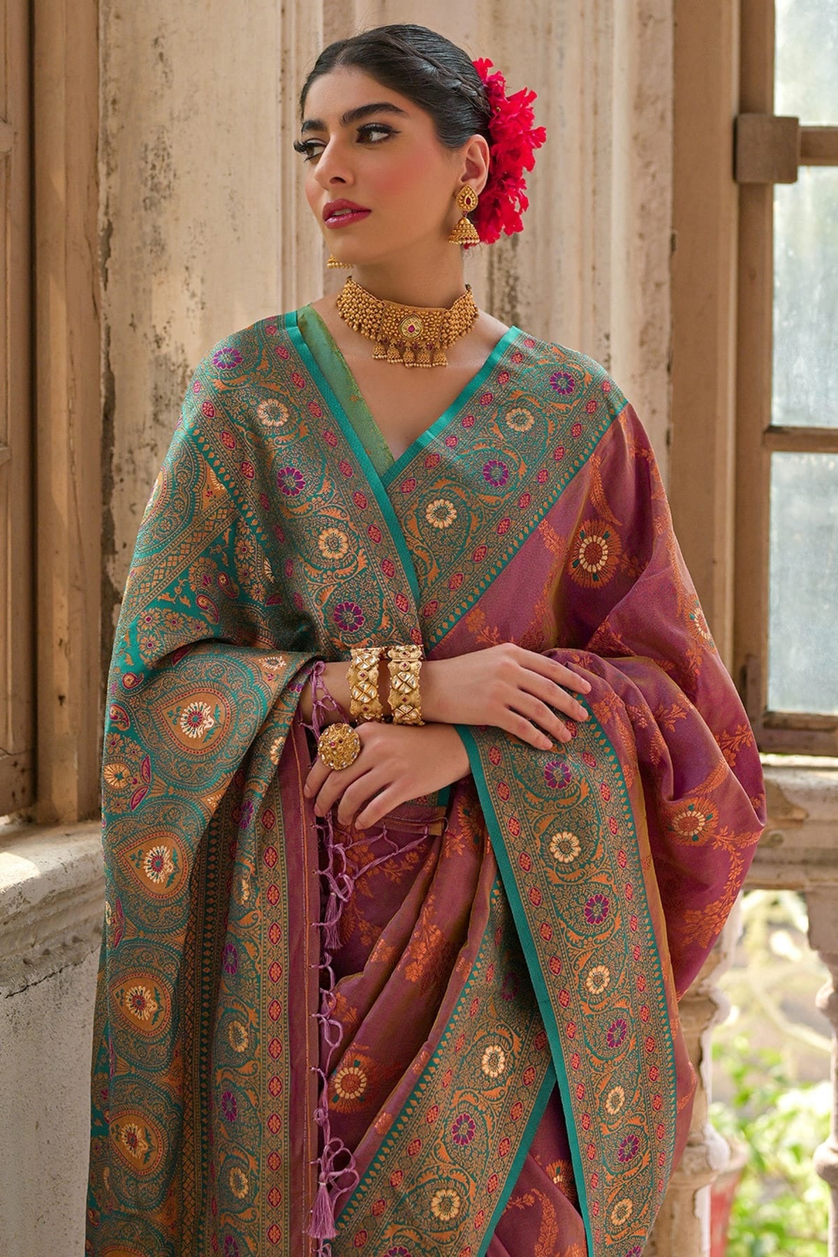 Wine Colour Woven Work Banarasi Silk Saree SD1260006 B