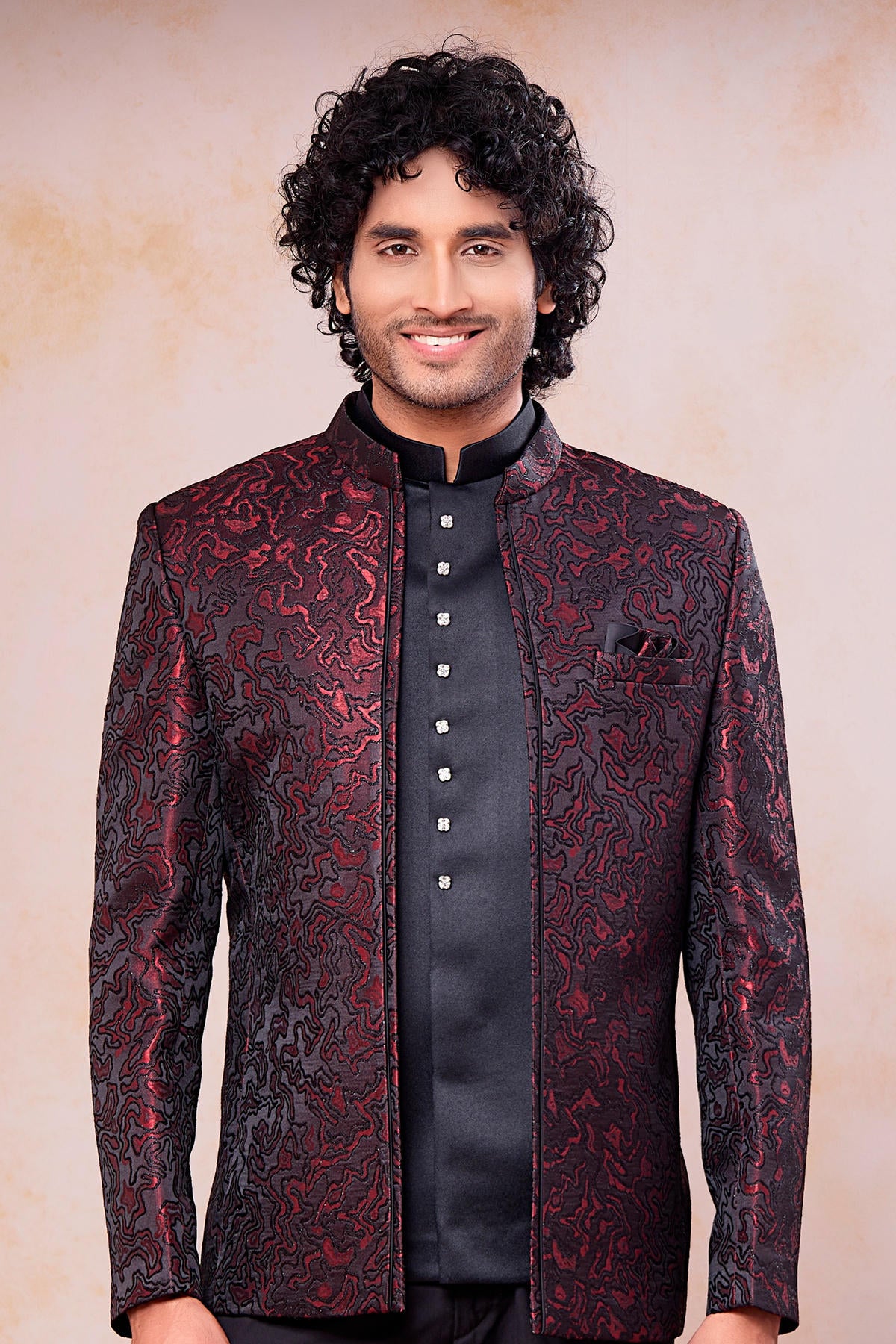 Wine and Black Colour Thread Work Embroidery Jacquard Jodhpuri