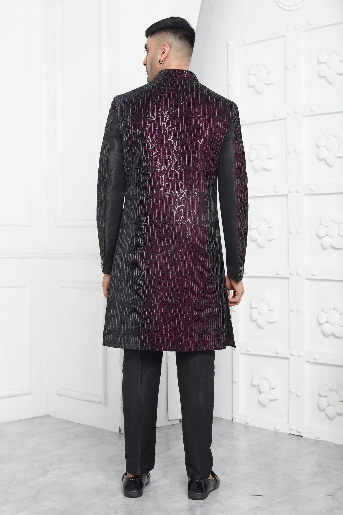 Wine and Black Colour Velvet Silk Indowestern Sherwani With Aligadhi Pant SH1230014 B
