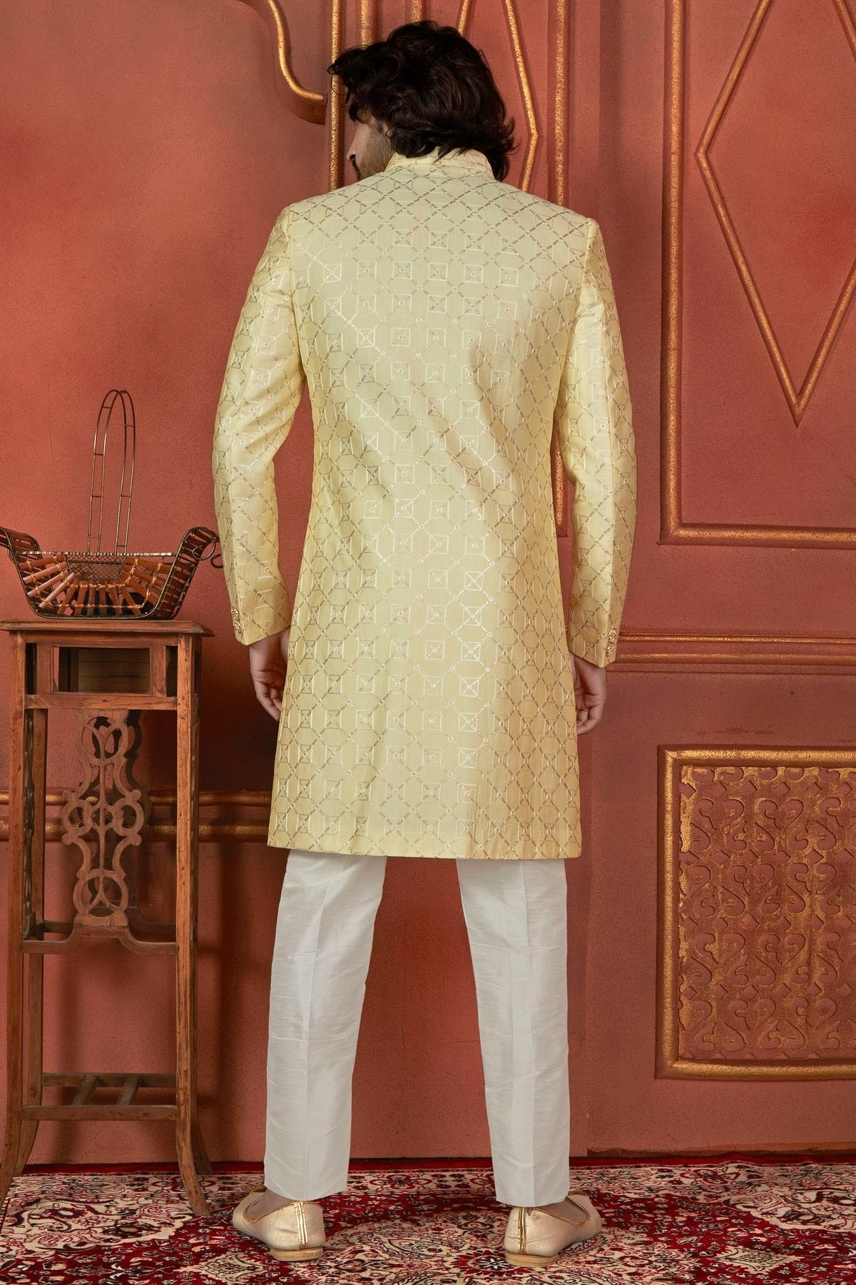 Yellow Colour Art Silk Indowestern Sherwani With Aligadhi Pant SH1230087 B