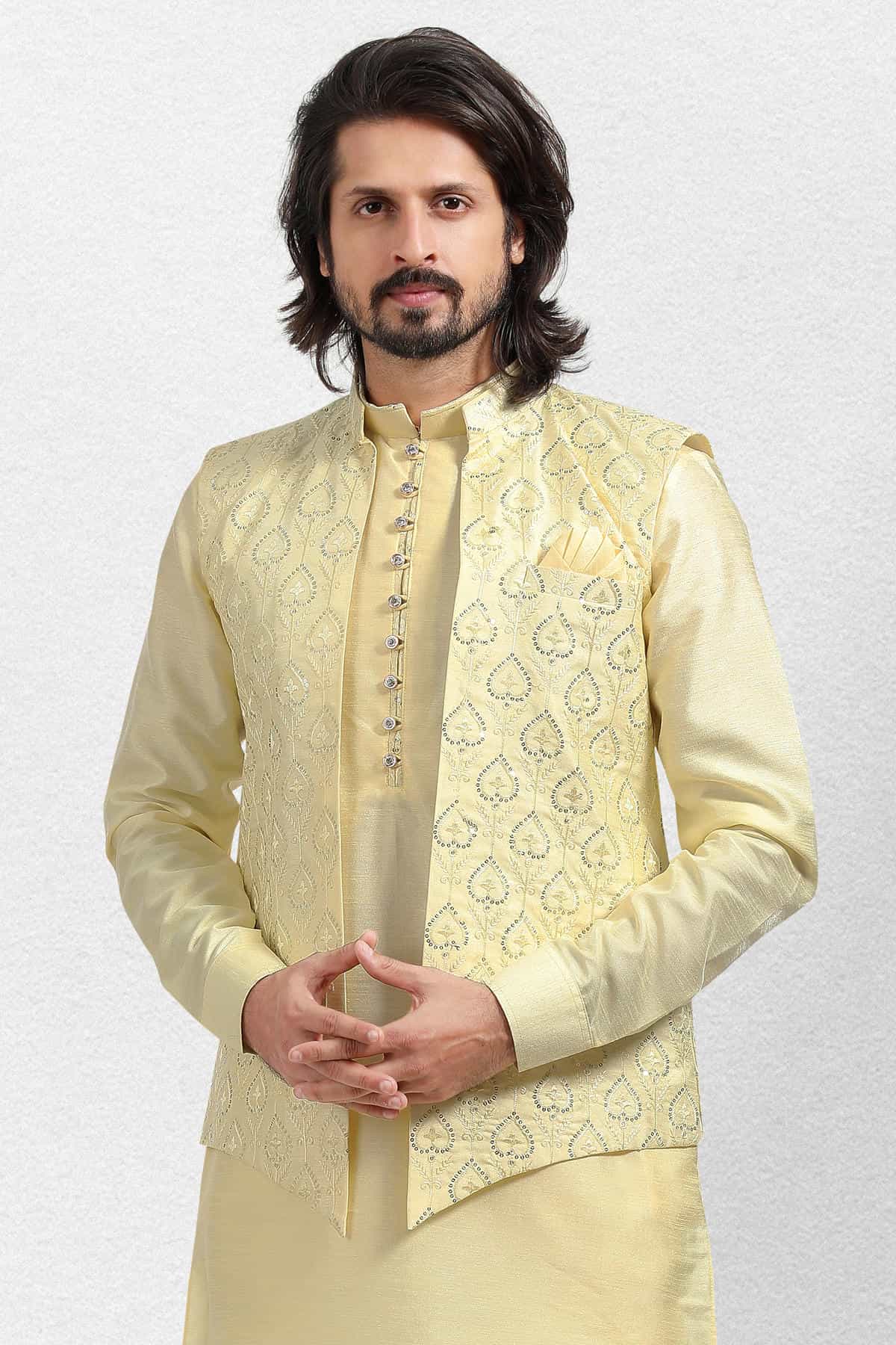 Yellow Colour Art Silk Thread Work Kurta Pajama With Jacket