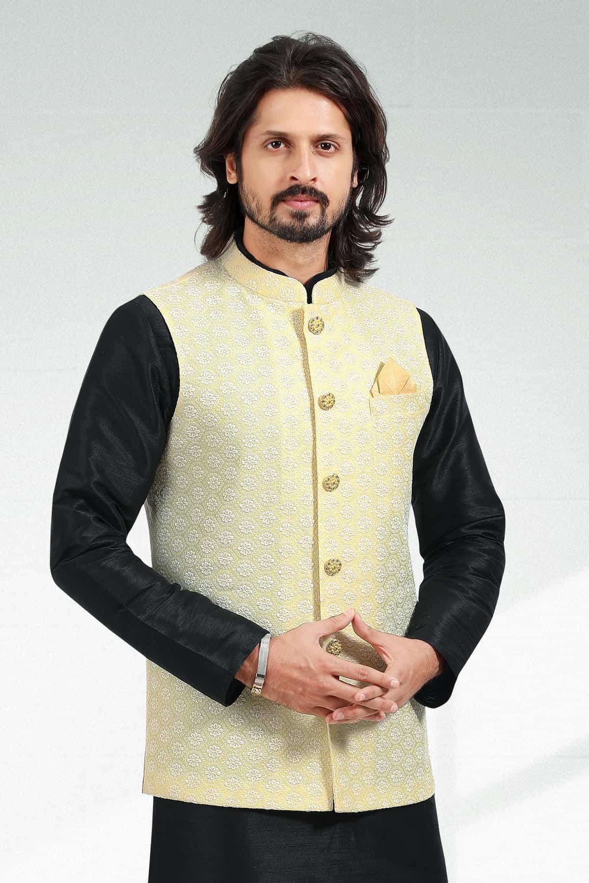 Yellow Colour Art Silk Thread Work Kurta Pajama With Jacket