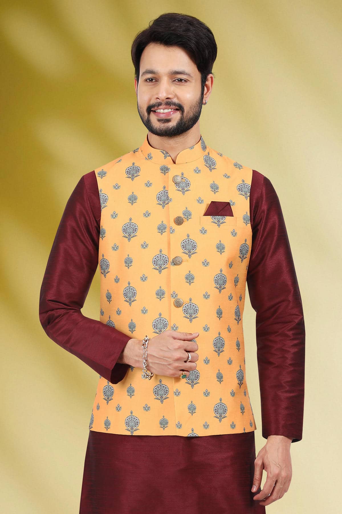 Yellow Colour Banarasi Silk Woven Work Kurta Pajama With Jacket
