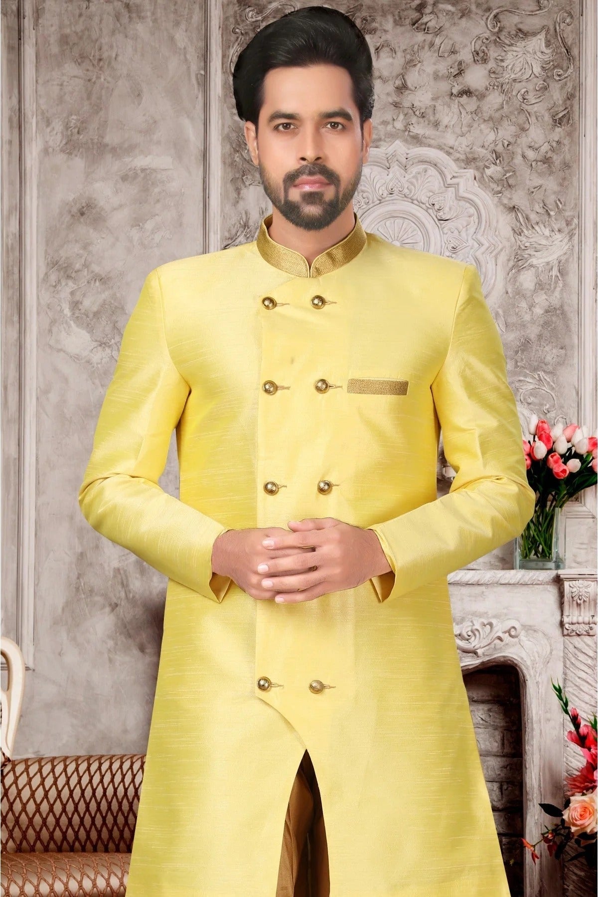 Yellow Colour Brocade Silk Dhoti Sherwani SH1040296 A