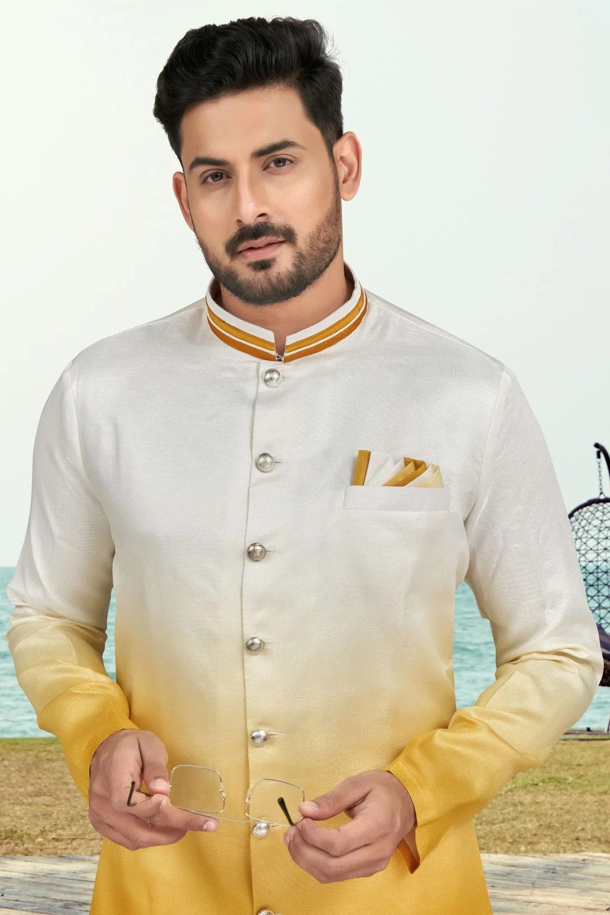 Yellow Colour Champion Silk Indo Western Sherwani SH1040512 A