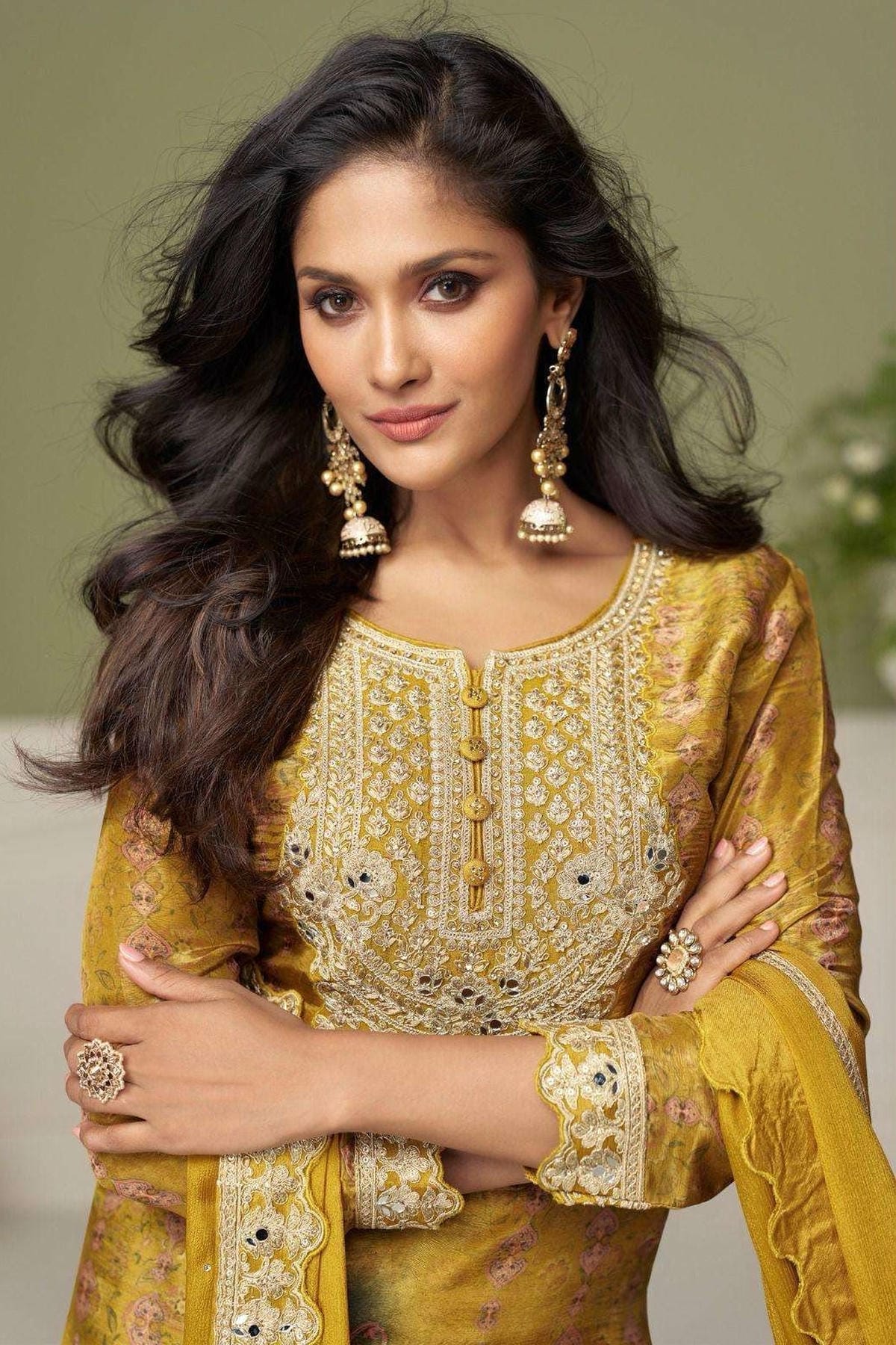Yellow Colour Chinon Embroidery Work Palazzo Pant Suit