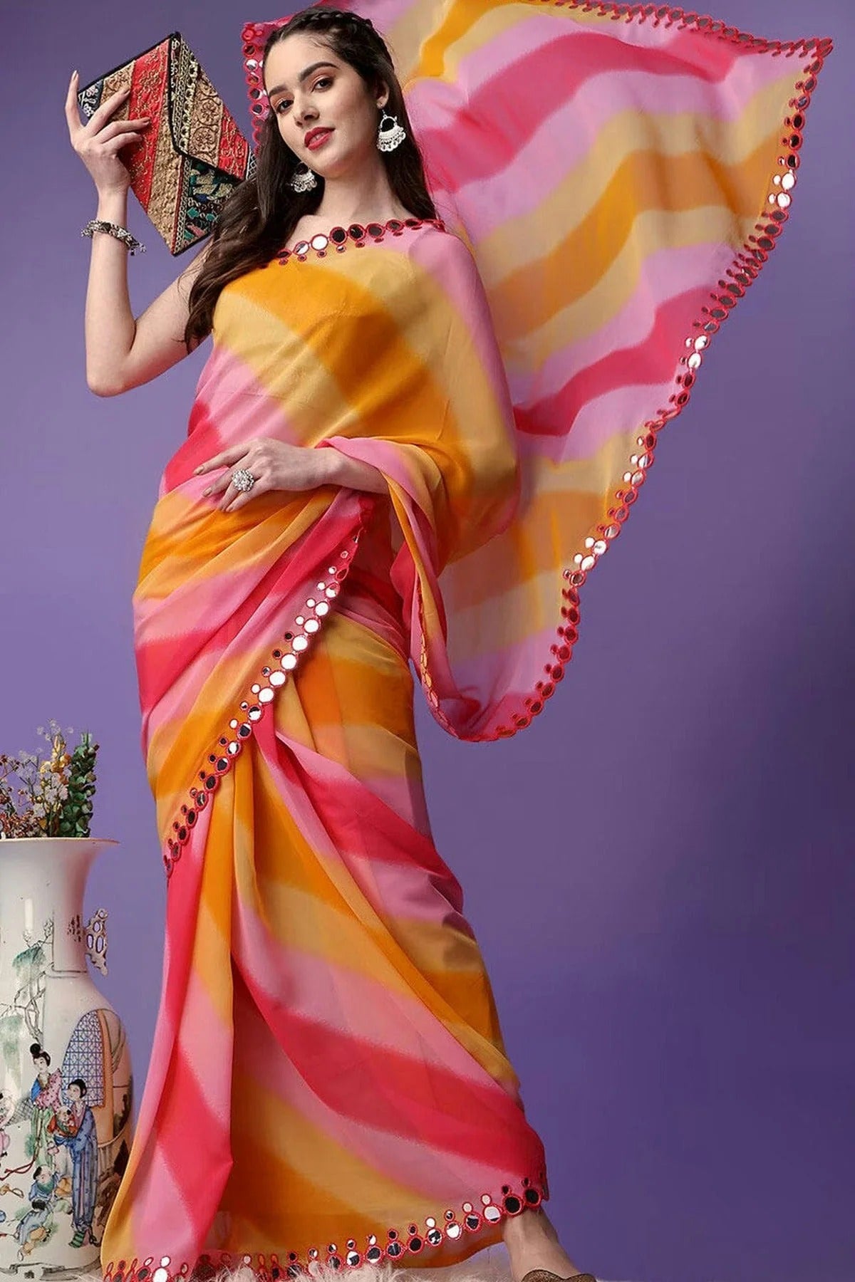 Yellow Colour Georgette Mirror Work Saree SD1180135 A