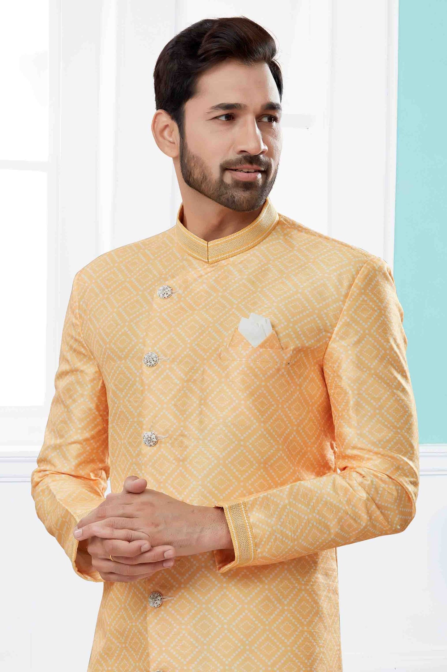 Yellow Colour Indo Western In Jacquard Fabric SH1040448 A